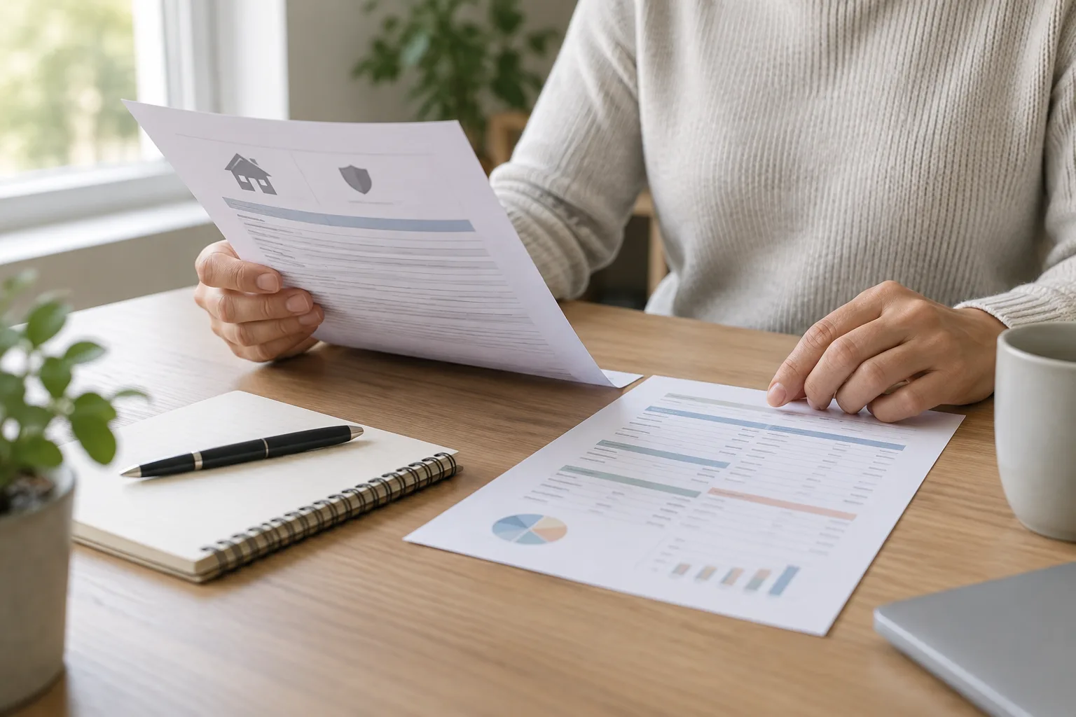 Une personne examine des documents d’assurance emprunteur à côté d’un carnet de budget.