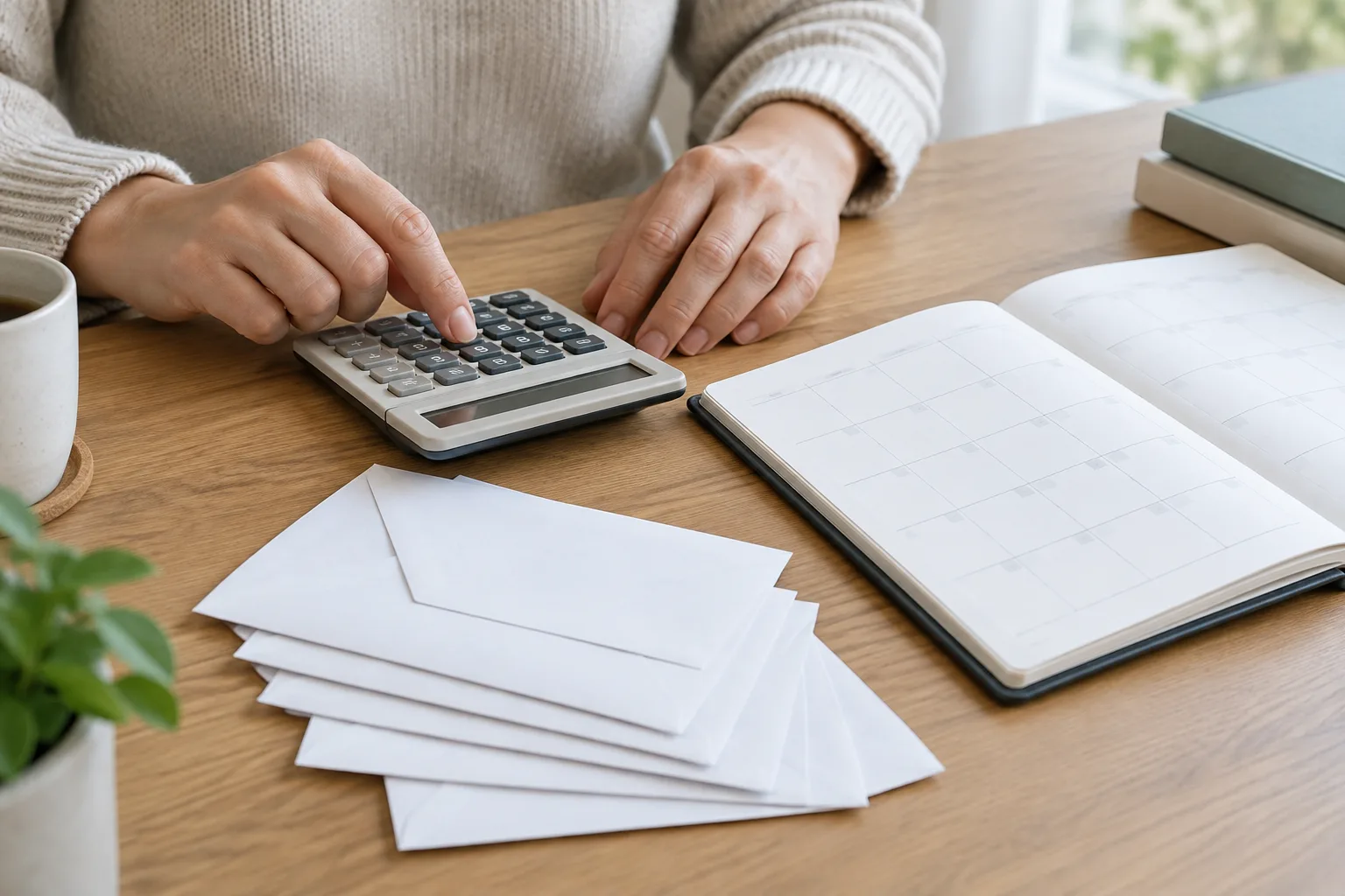 Un calculateur et des enveloppes accompagnent la préparation d’un budget mensuel.