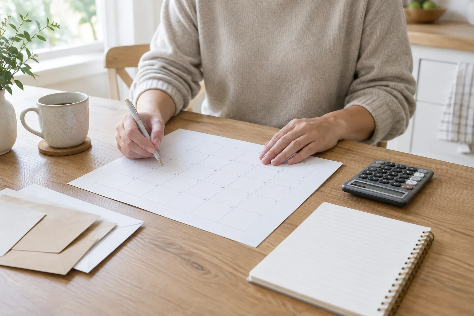 Des mains organisent un calendrier et des enveloppes pour préparer un budget familial.