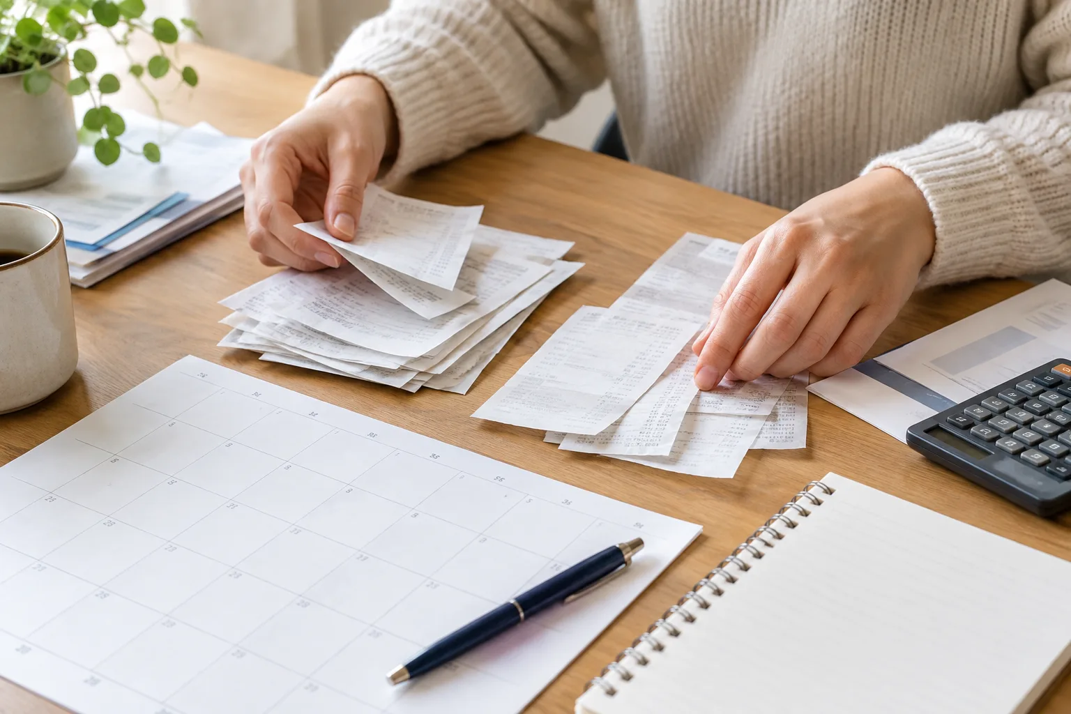 Des mains regroupent des factures et des reçus près d’un calendrier.