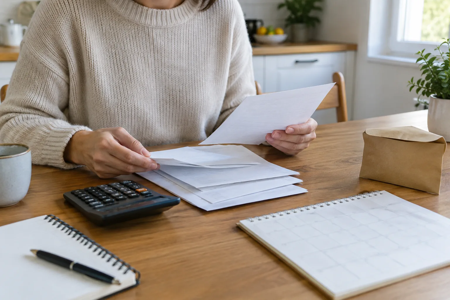 Des documents de budget, un calendrier et une calculatrice disposés sur une table.