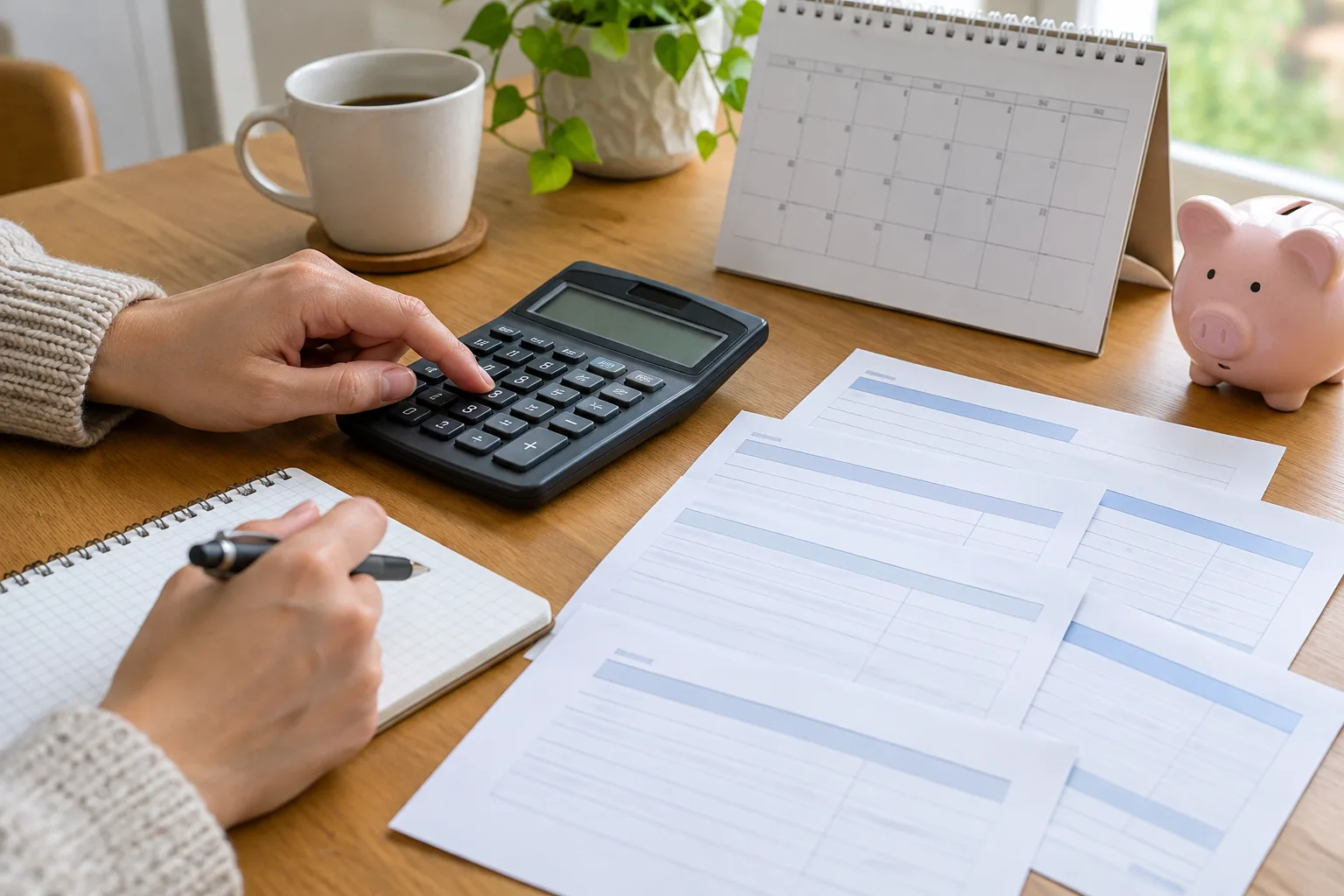 Une personne calcule une provision mensuelle à partir de factures et d’un calendrier.