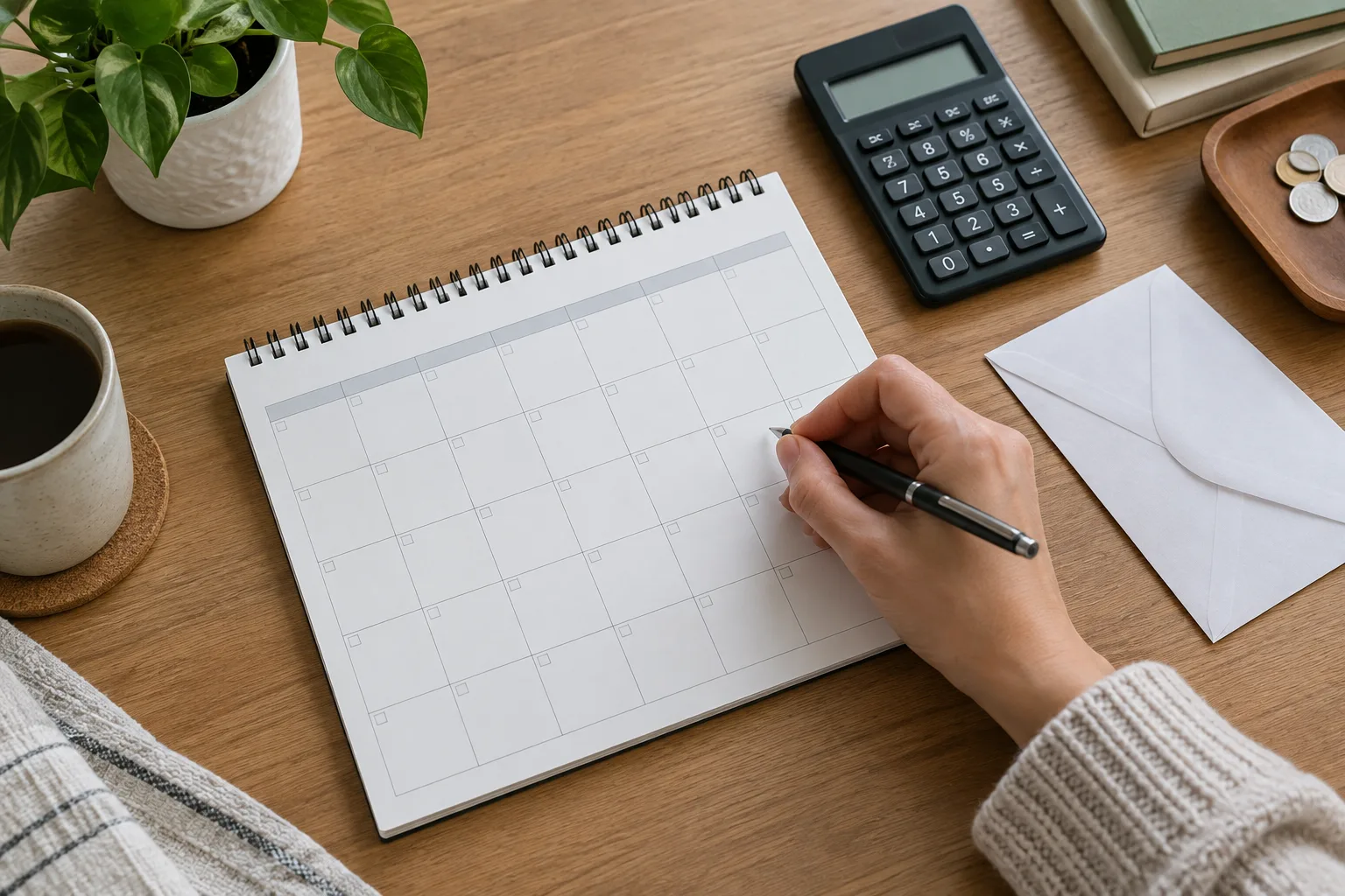 Une main prépare un virement mensuel à côté d’un calendrier vierge et d’une enveloppe.