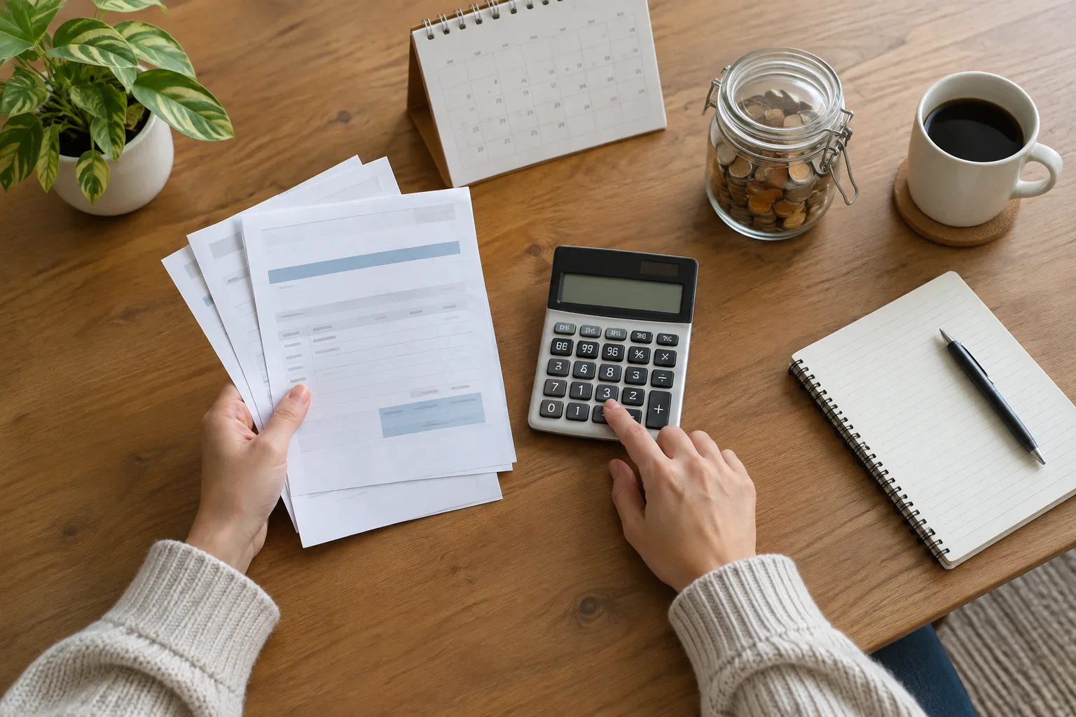 Des factures, un calendrier et une calculatrice réunis sur une table pour préparer le budget annuel.