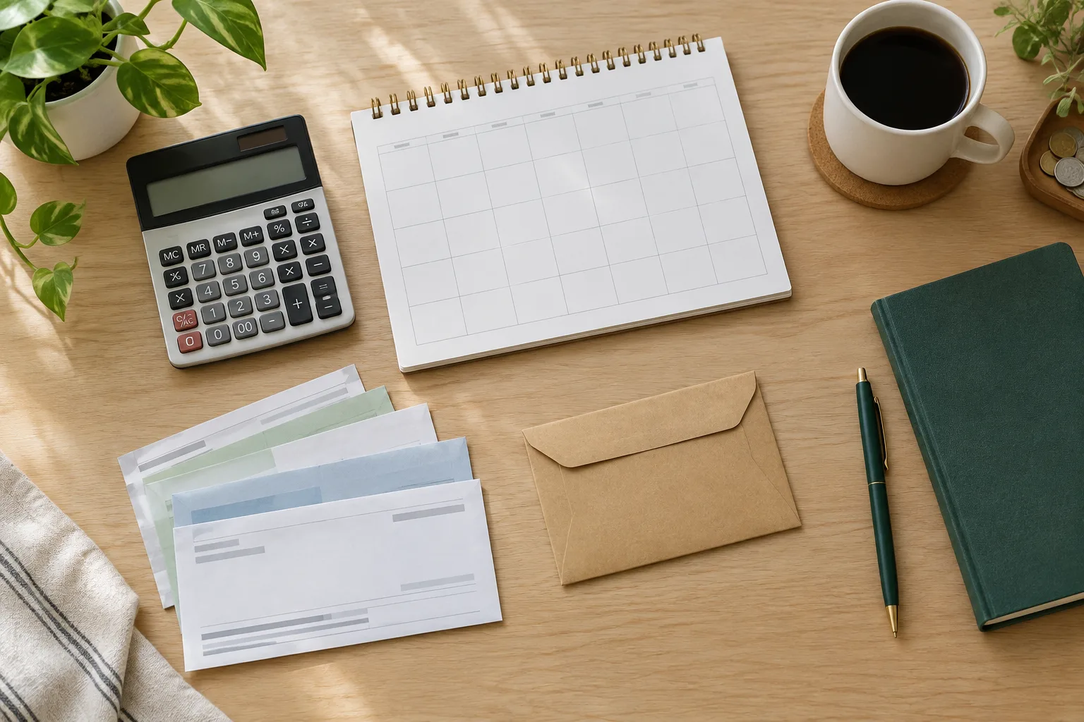 Calculatrice, calendrier vierge et enveloppe posés sur une table pour préparer un budget personnel.