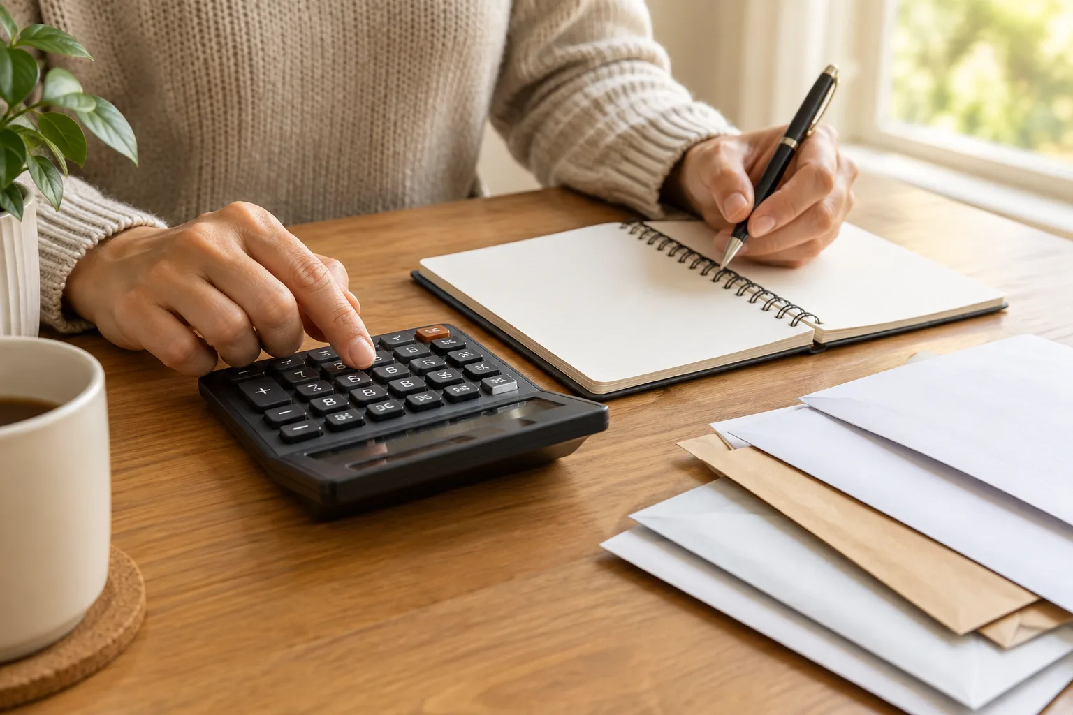 Une personne calcule une provision mensuelle à côté d’un carnet et d’enveloppes de factures.