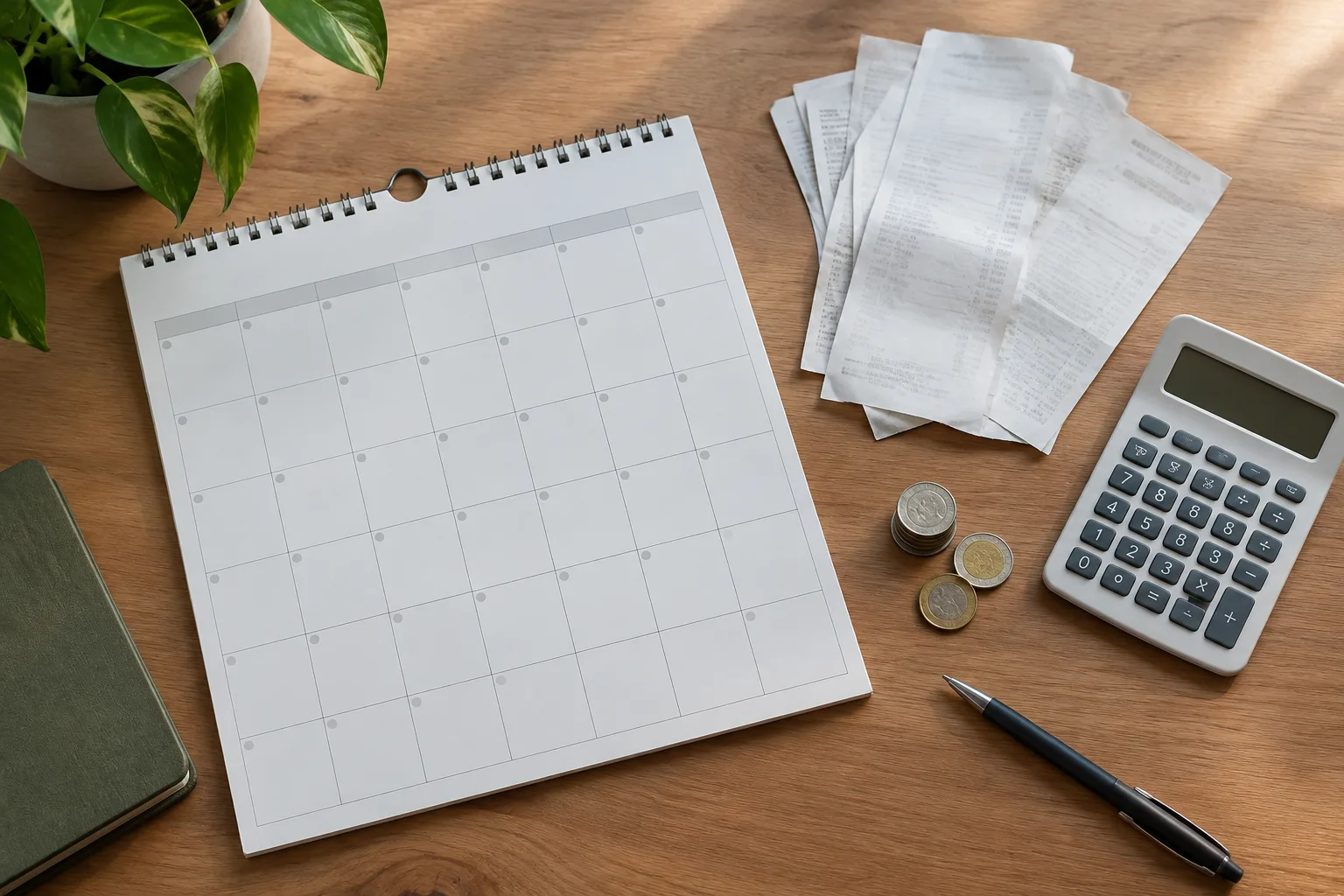 Un calendrier vierge, des reçus et une calculatrice réunis pour préparer le budget des dépenses annuelles.