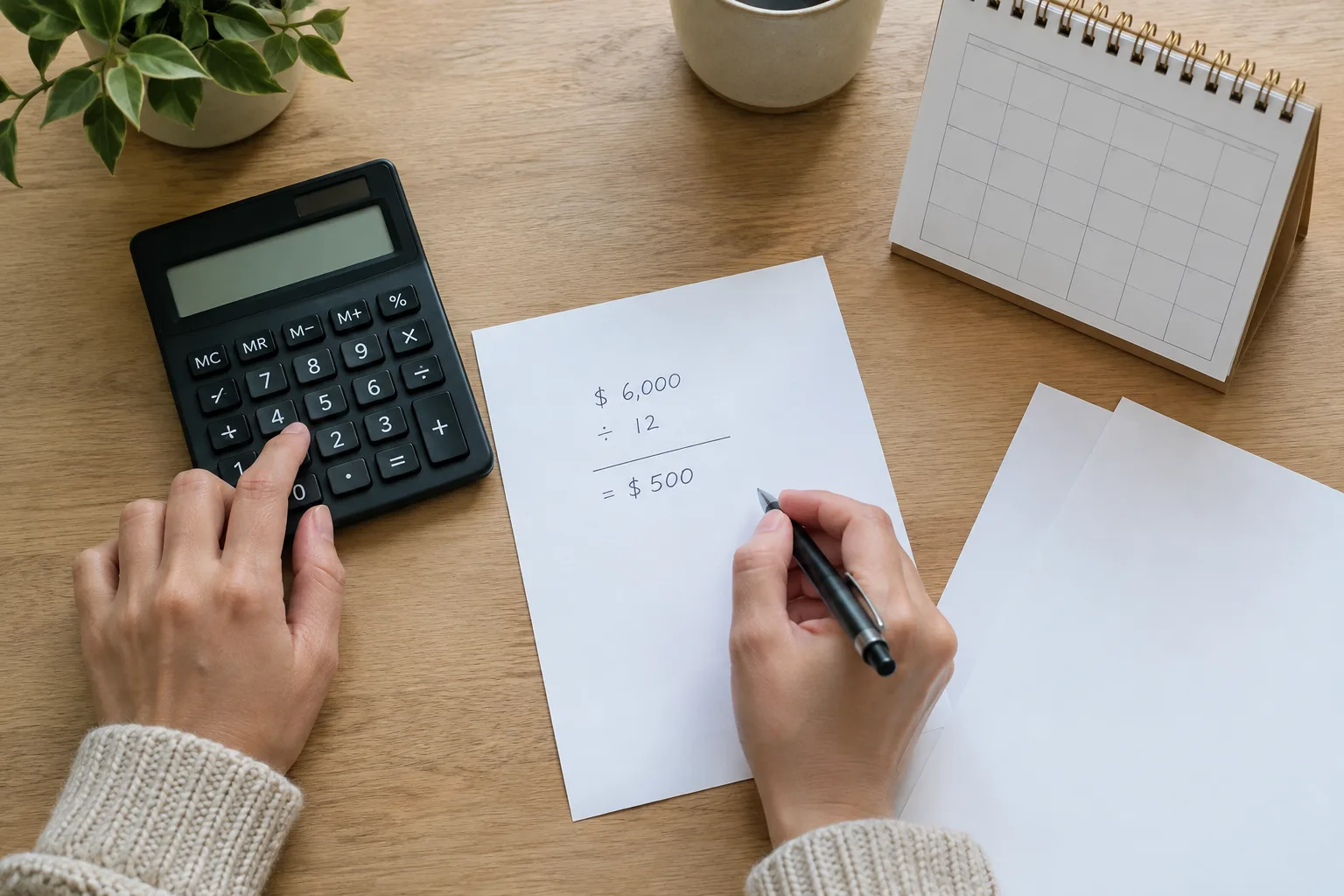 Des mains utilisent une calculatrice et un calendrier pour répartir des dépenses sur plusieurs mois.