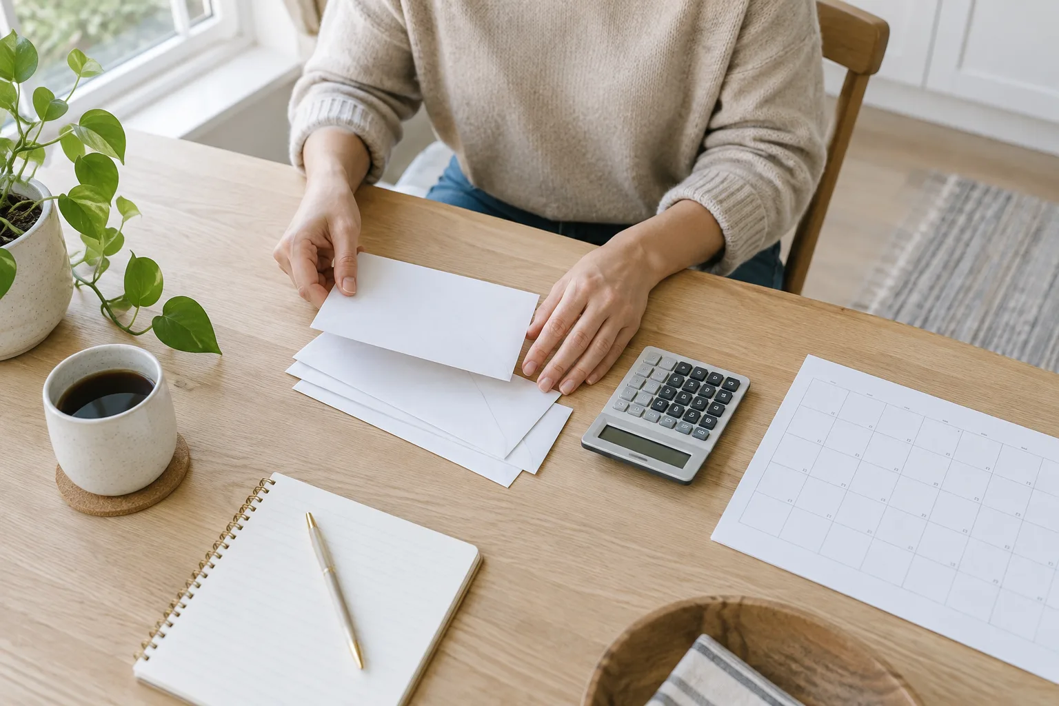 Des enveloppes, une calculatrice et un calendrier réunis sur une table pour organiser un budget.
