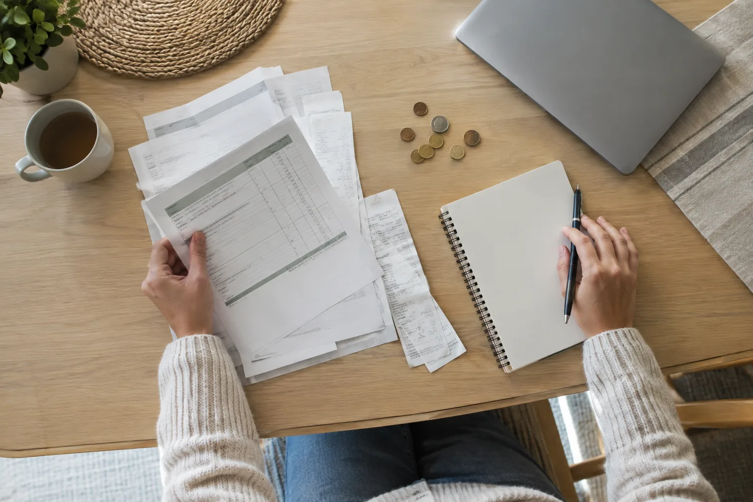 Des documents de budget et quelques pièces disposés sur une table.