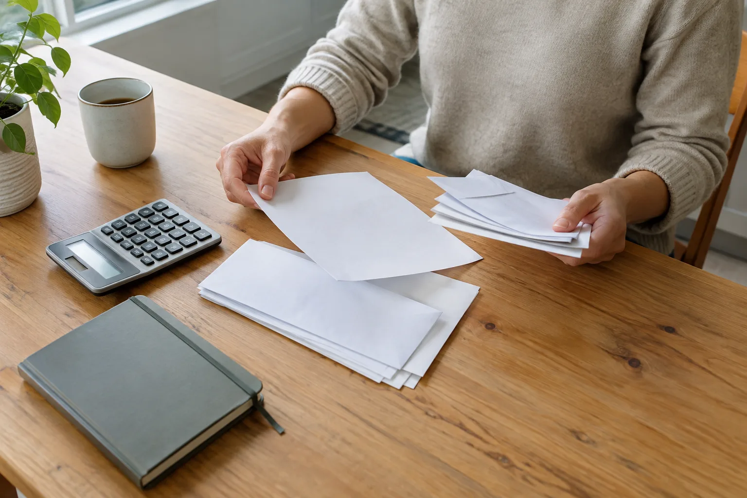 Des documents de dépenses et une calculatrice sur une table pour préparer un budget personnel.