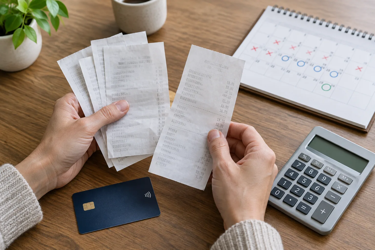 Des reçus de paiement, une carte bancaire et un calendrier illustrent le regroupement des achats avant leur prélèvement.
