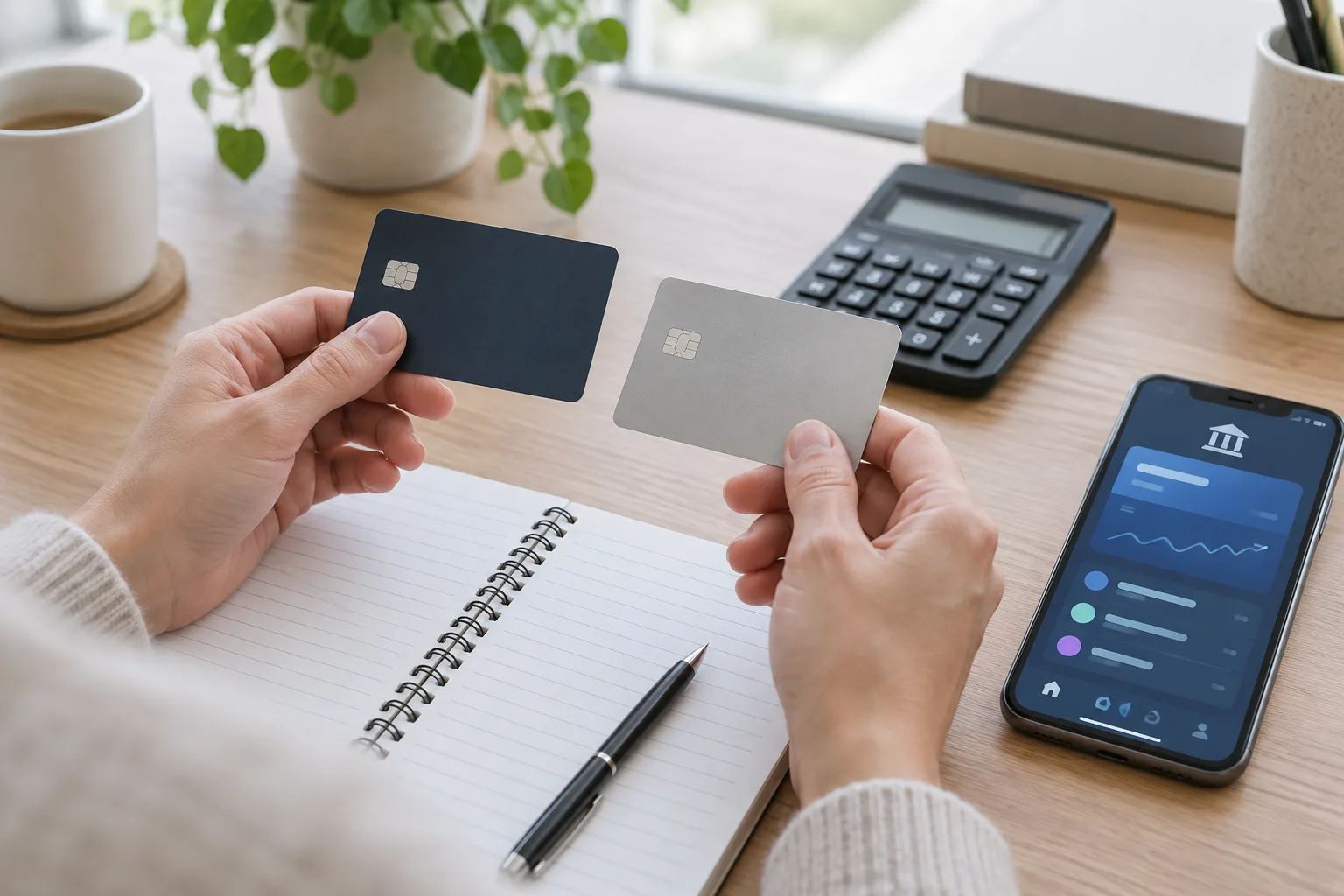 Deux cartes bancaires posées près d’un carnet et d’une calculatrice.