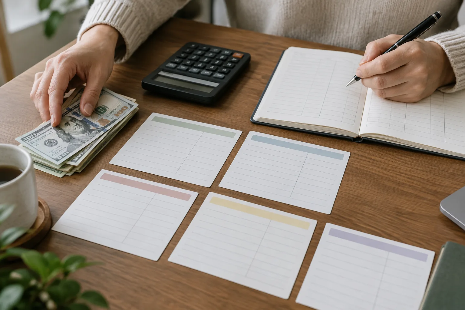 Des mains répartissent un encaissement entre plusieurs postes de budget à côté d’un carnet et d’une calculatrice.