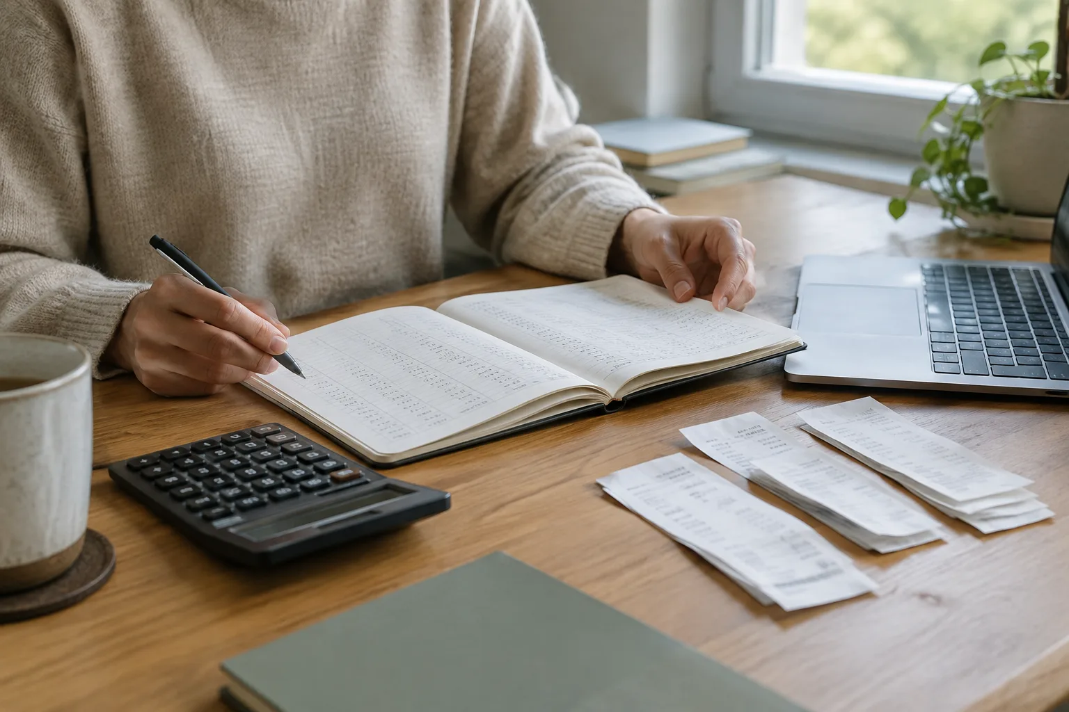 Un indépendant examine ses encaissements et ses dépenses à l’aide d’un carnet et d’une calculatrice.