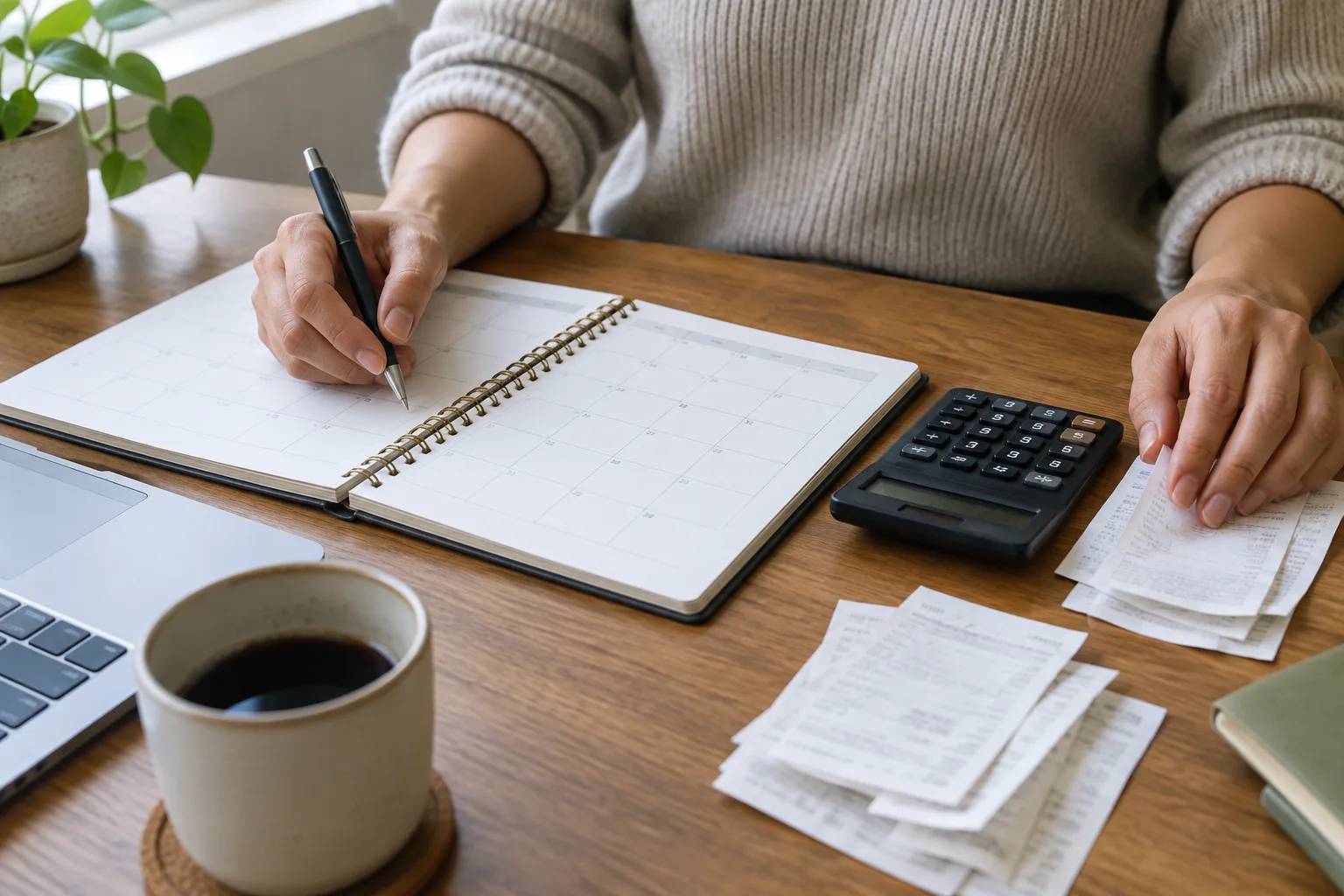 Des mains préparent un prévisionnel mensuel à l’aide d’un calendrier, d’une calculatrice et de reçus.