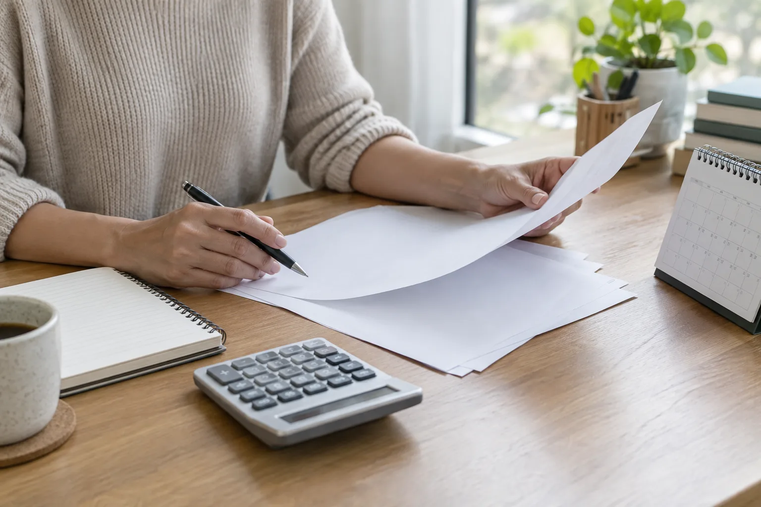 Un indépendant organise ses papiers financiers et ses échéances sur un bureau éclairé par la lumière du jour.