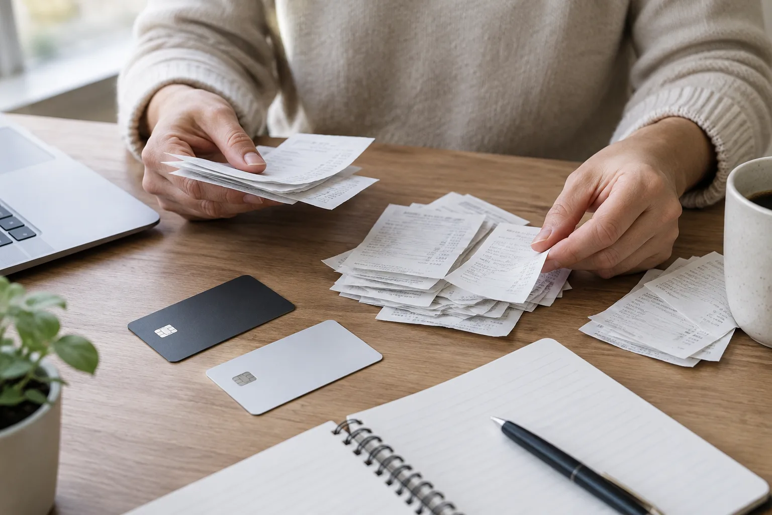 Des justificatifs et deux cartes bancaires séparés sur un bureau.