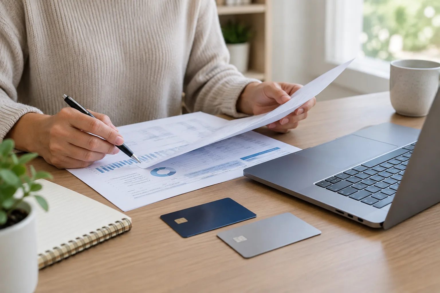 Un indépendant organise des documents bancaires et des moyens de paiement sur un bureau.
