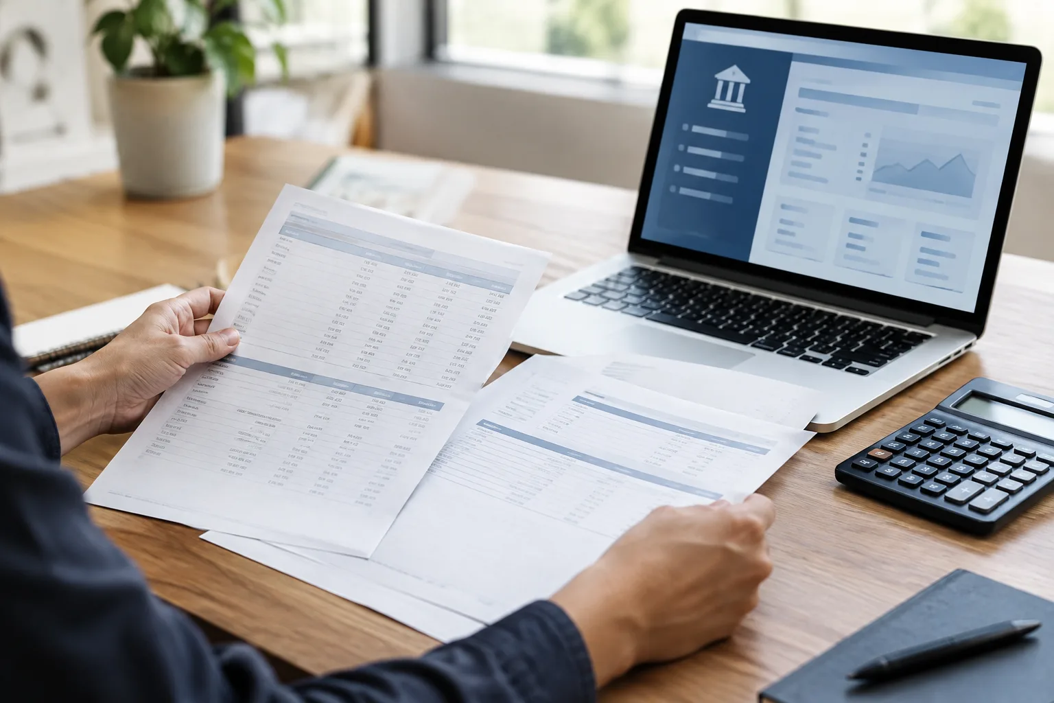 Des mains comparent des documents tarifaires à l’aide d’une calculatrice.