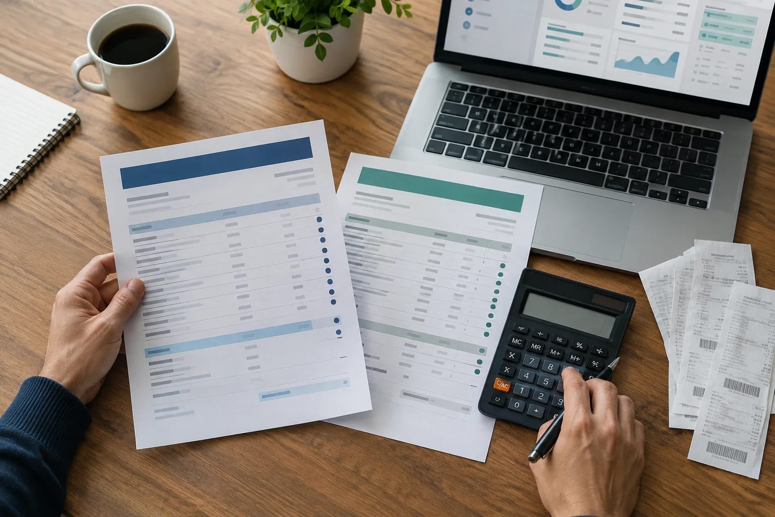 Des mains comparent des documents de frais bancaires à l’aide d’une calculatrice.