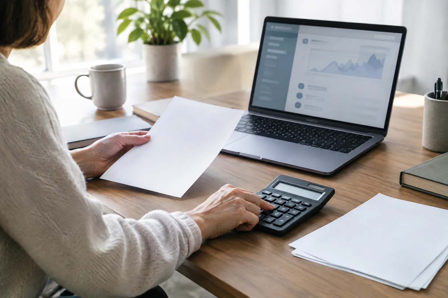 Calculatrice et documents de gestion posés sur un bureau à côté d’un ordinateur.