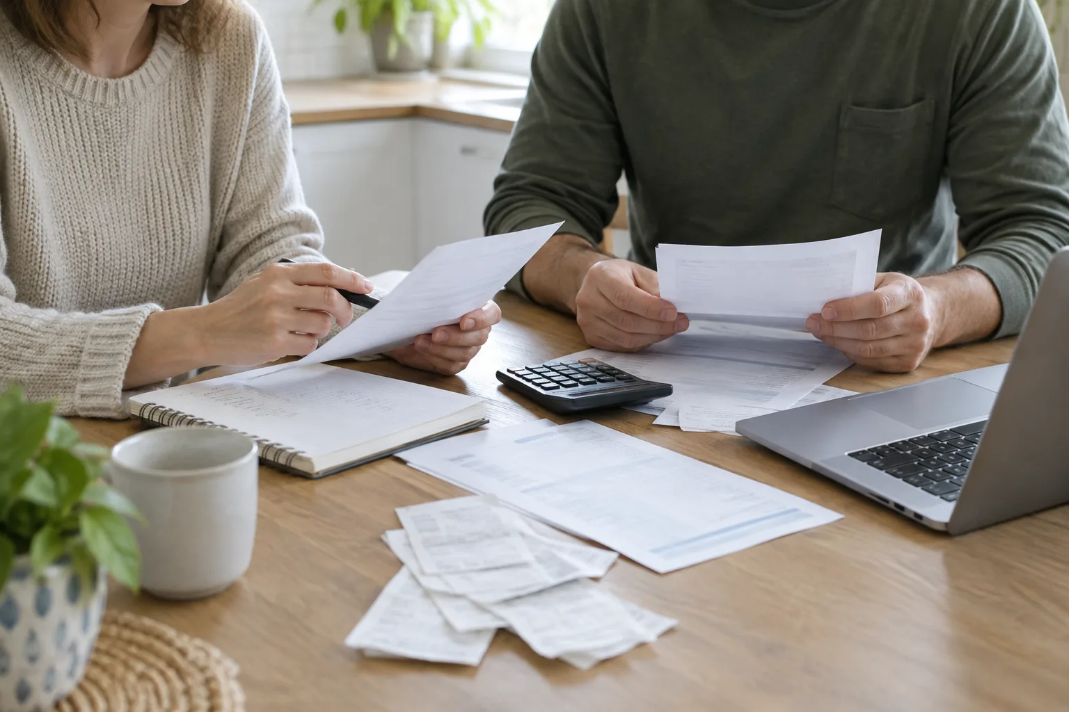 Deux personnes examinent des factures et un budget commun autour d’une table.