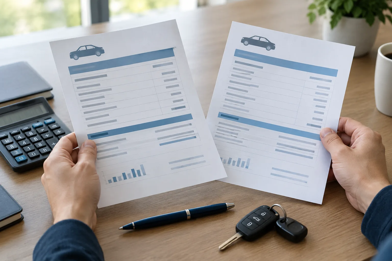 Des mains comparent des propositions de crédit automobile avec une calculatrice et des clés de voiture.