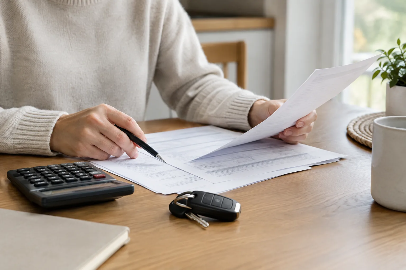 Des documents de financement automobile et une calculatrice posés sur une table à côté de clés de voiture.