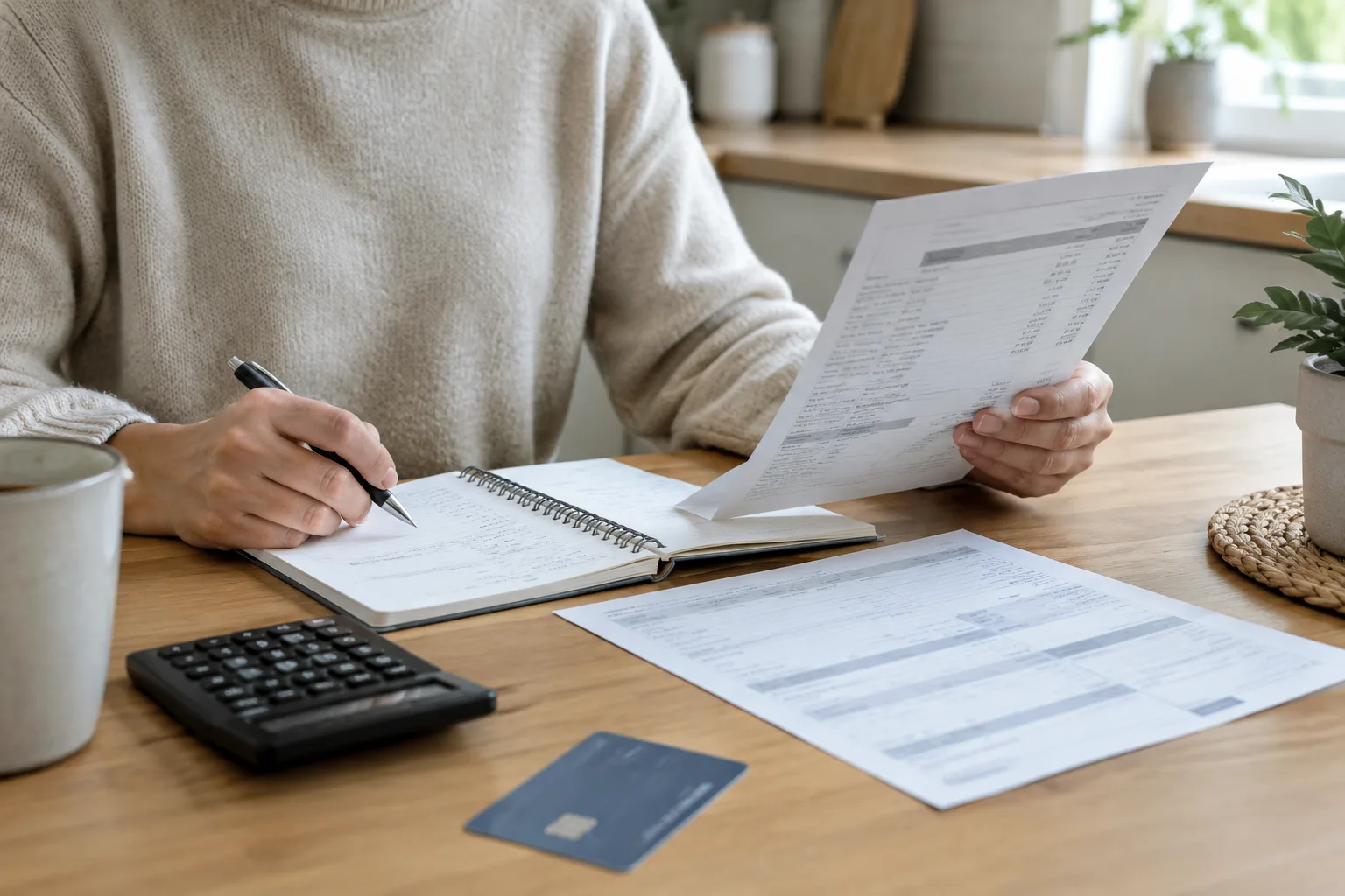 Une personne examine un relevé bancaire et un carnet de budget avec une calculatrice.