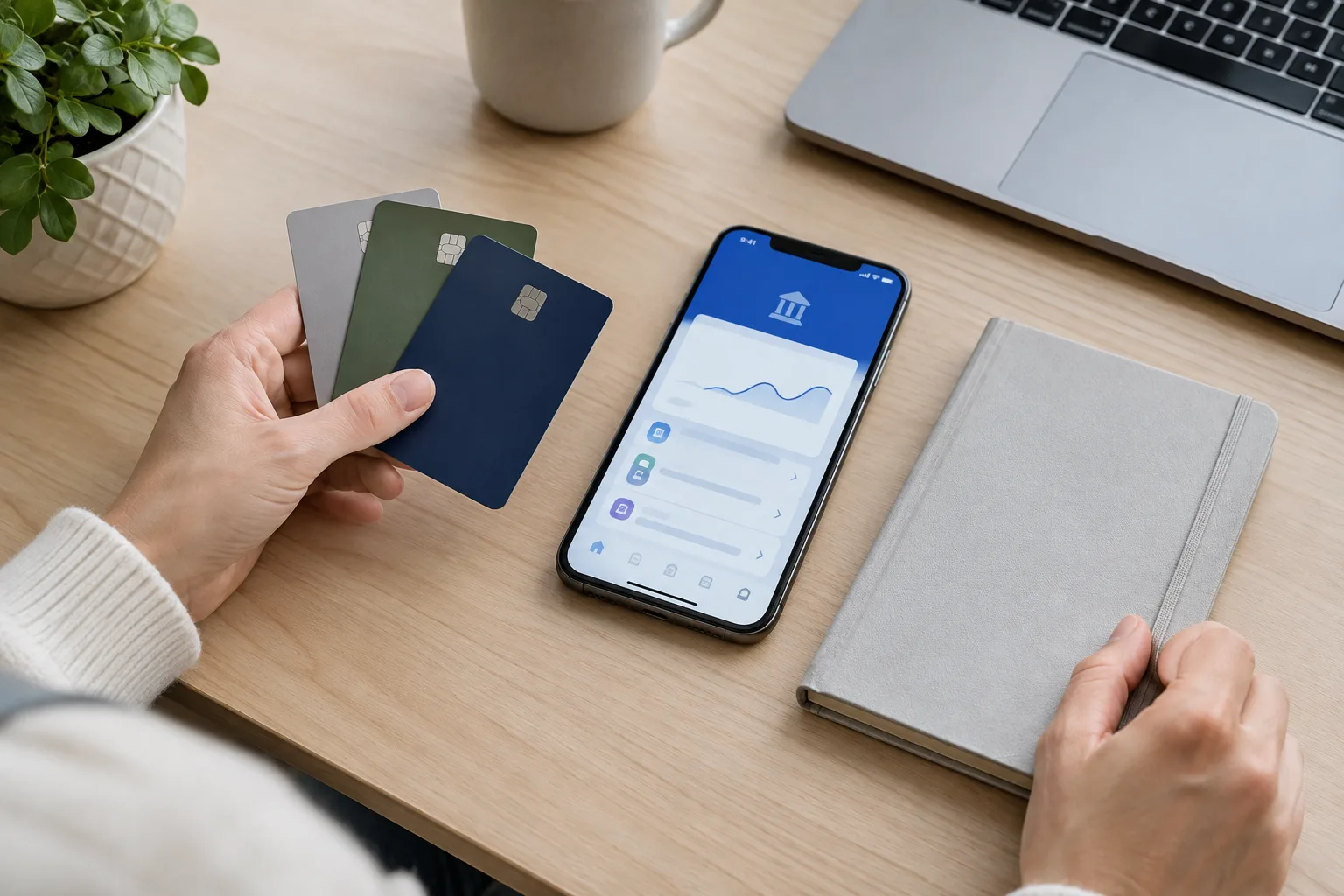 Des mains examinent des cartes bancaires et un téléphone affichant une interface financière abstraite.