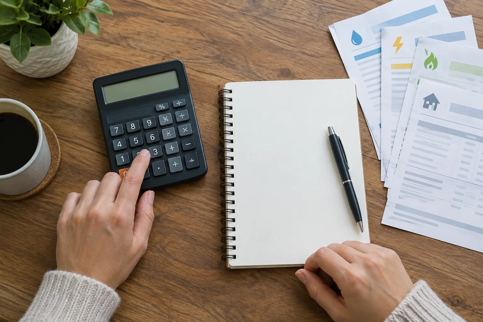 Une personne calcule ses dépenses essentielles à l’aide d’une calculatrice et d’un carnet.