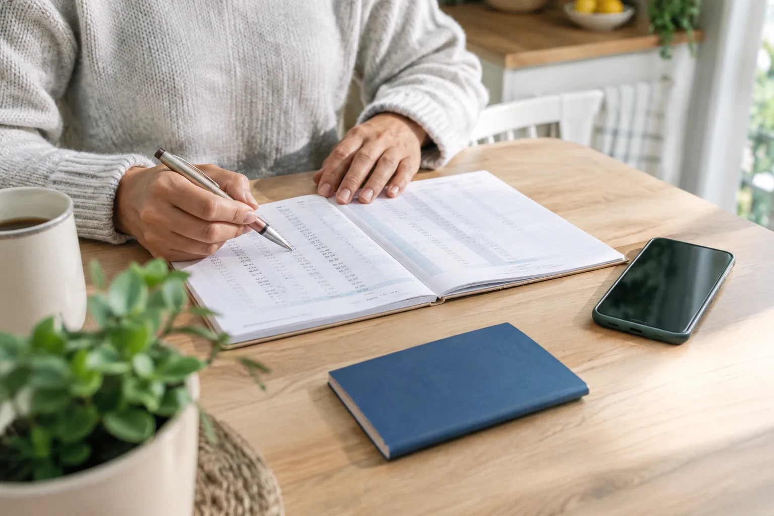Des mains examinent un budget à côté d’un téléphone et d’un livret d’épargne.