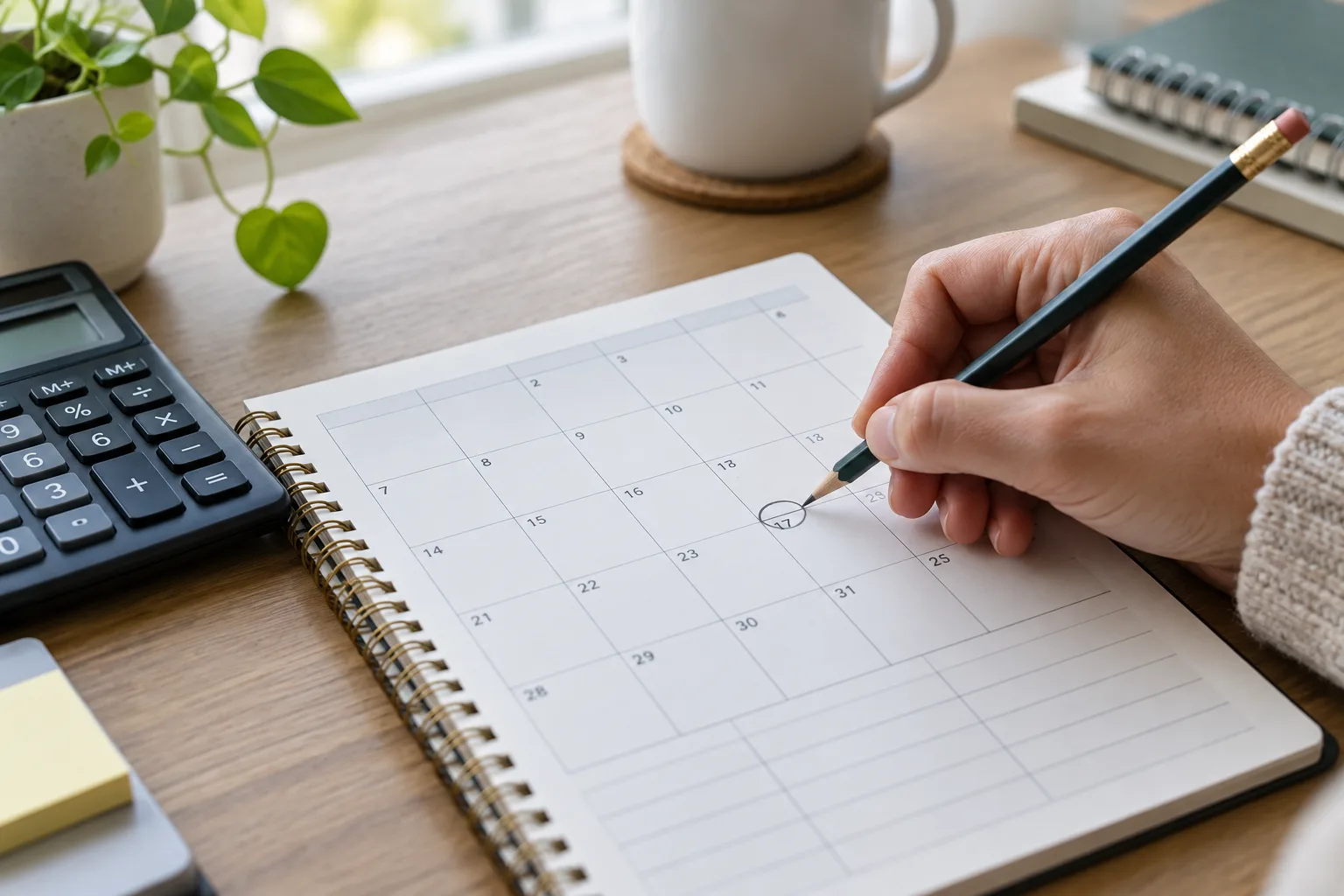 Une main inscrit une date de paiement dans un agenda de suivi de trésorerie.