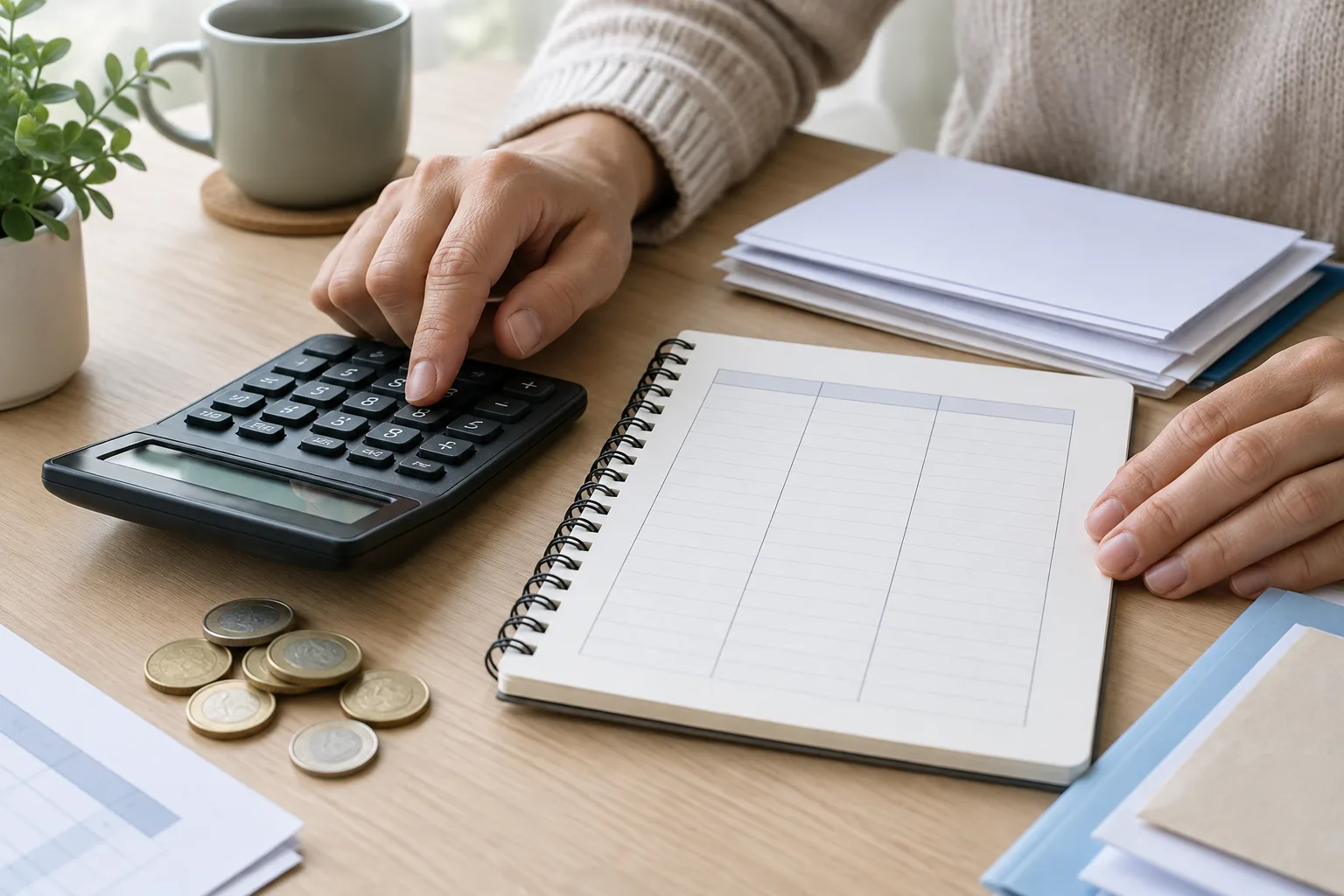 Une calculatrice et un carnet servent à estimer ce qui reste après les frais et les provisions.
