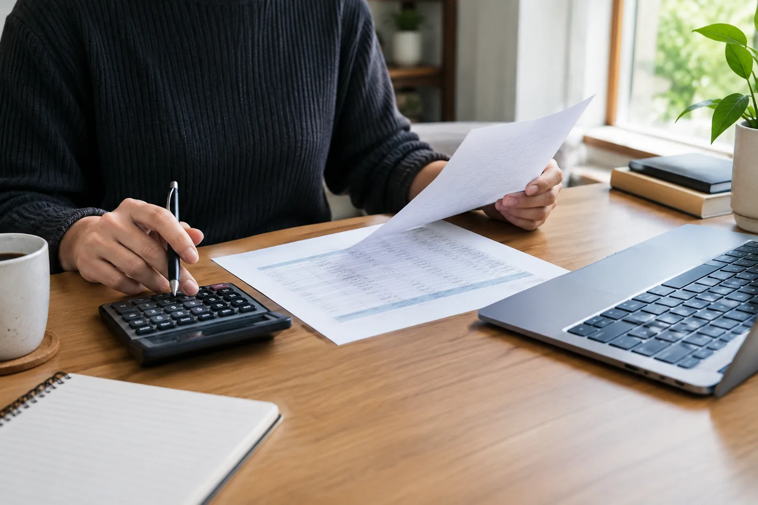 Une personne indépendante organise ses finances mensuelles à son bureau, avec un calculatrice et des documents.