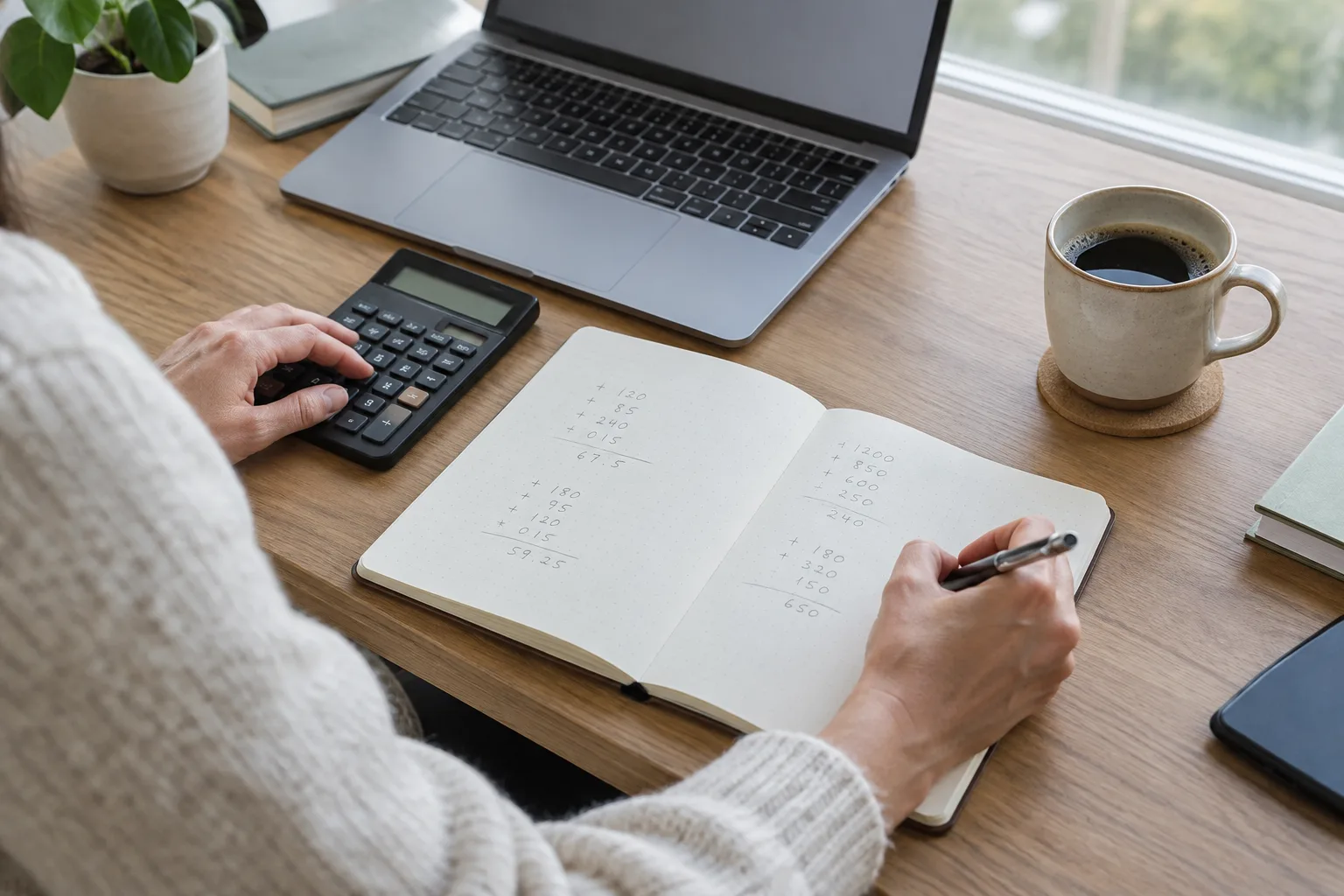 Un indépendant prépare le calcul du tarif d’une prestation avec un carnet et une calculatrice.