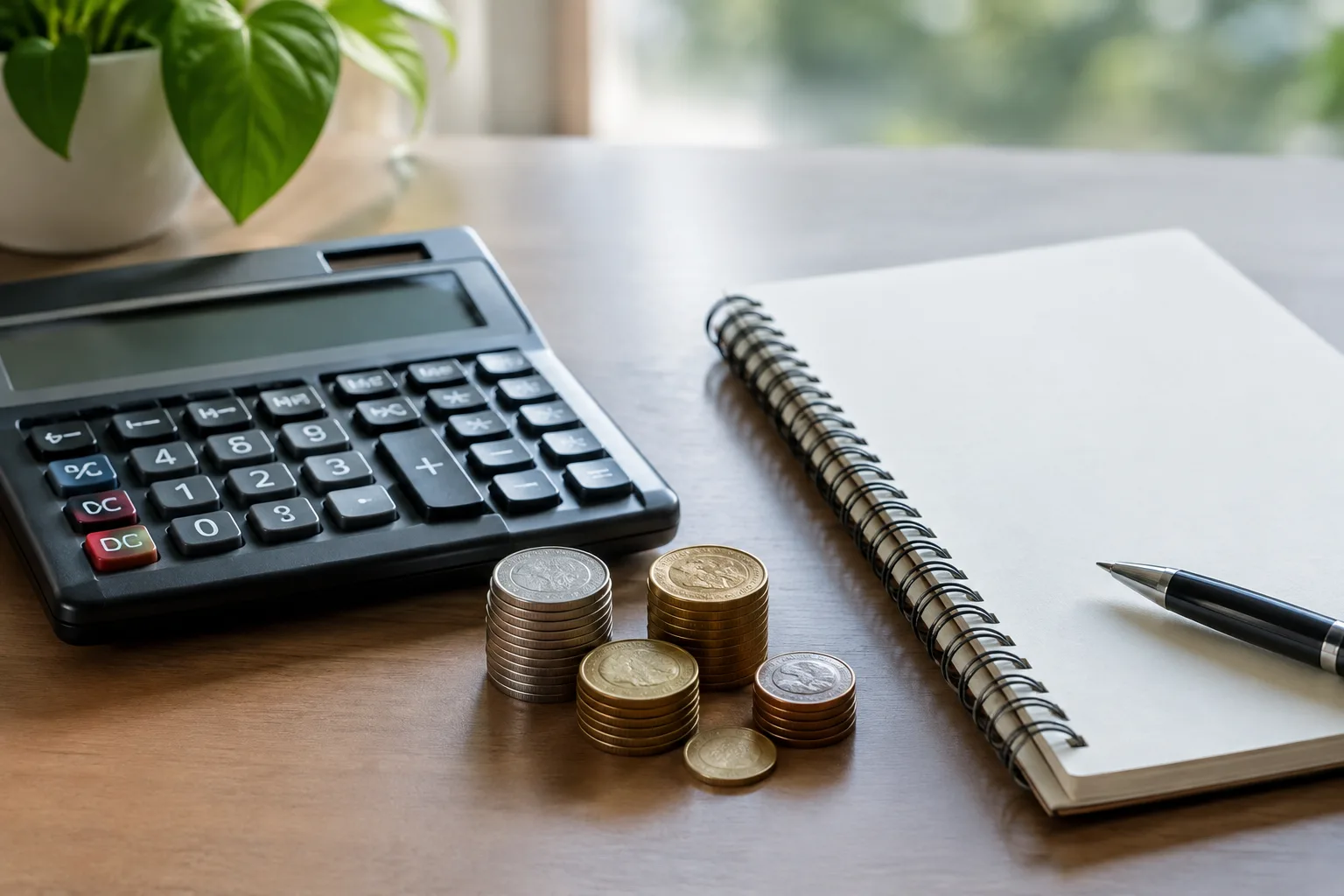 Calculatrice et pièces disposées près d’un carnet ouvert pour estimer les dépenses professionnelles.