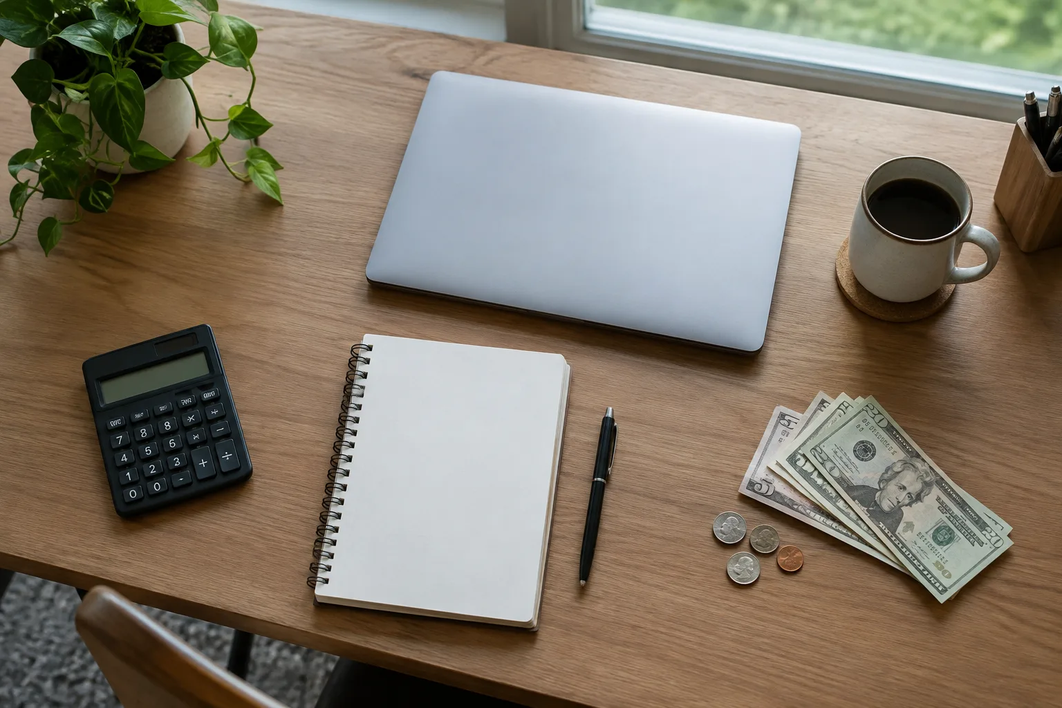 Bureau organisé avec une calculatrice, un carnet et des pièces pour préparer un budget professionnel.