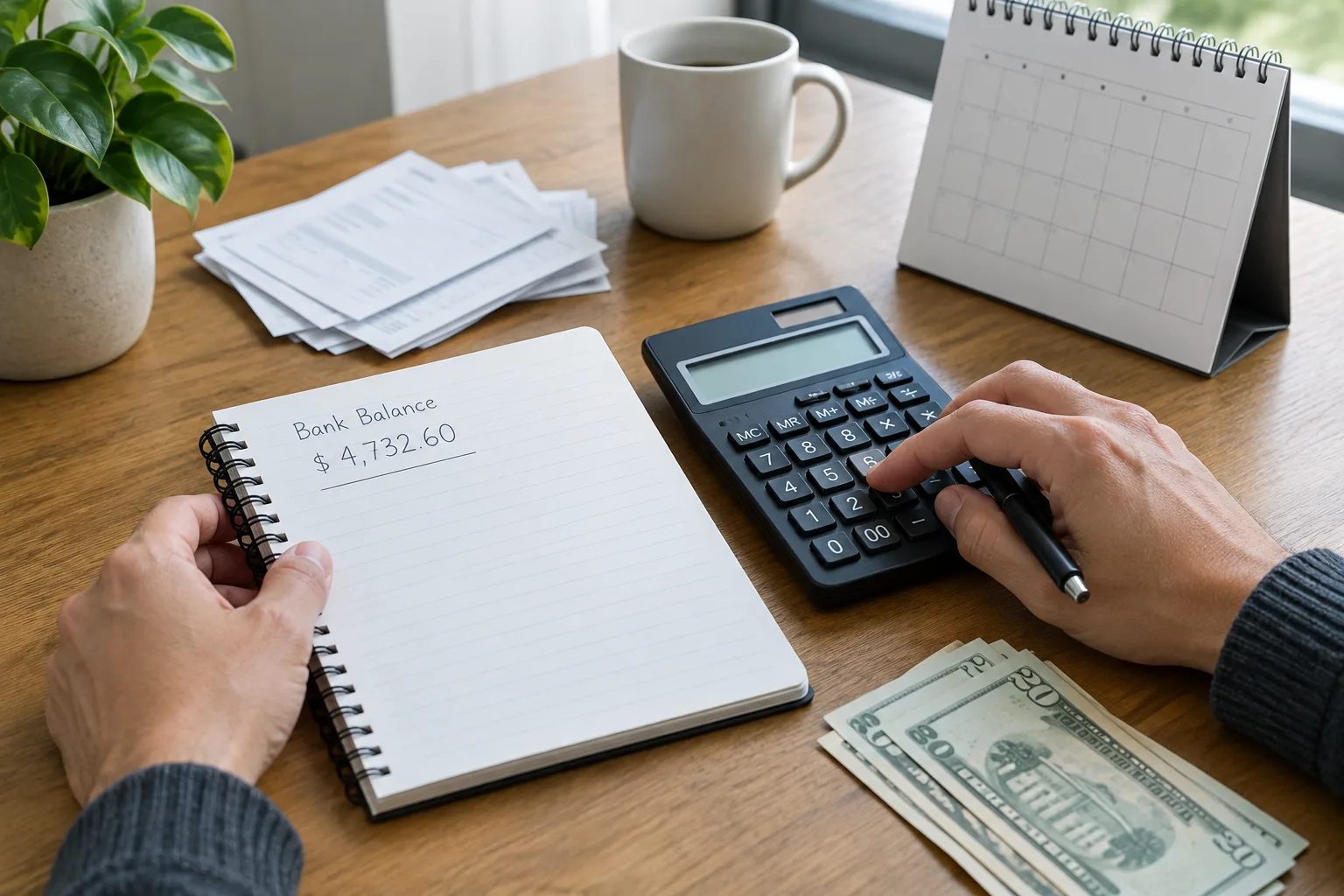 Des mains utilisent une calculatrice à côté d’un carnet et de factures non marquées.