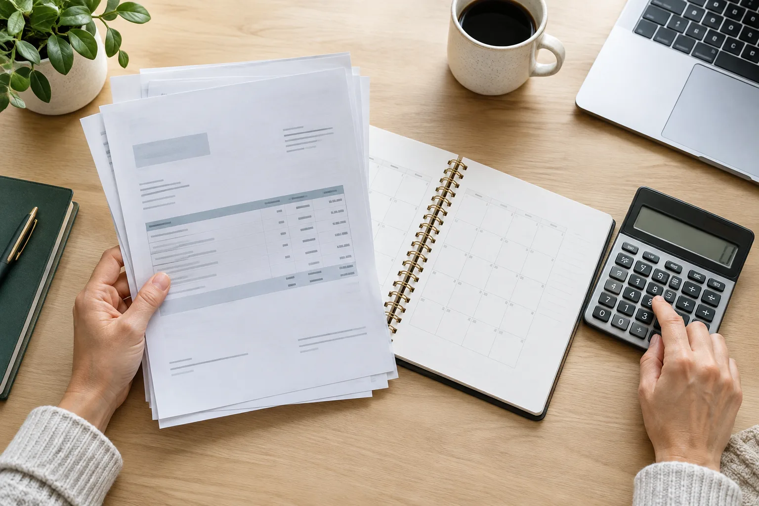Des factures, un agenda et une calculatrice réunis sur un bureau pour suivre les paiements à venir.