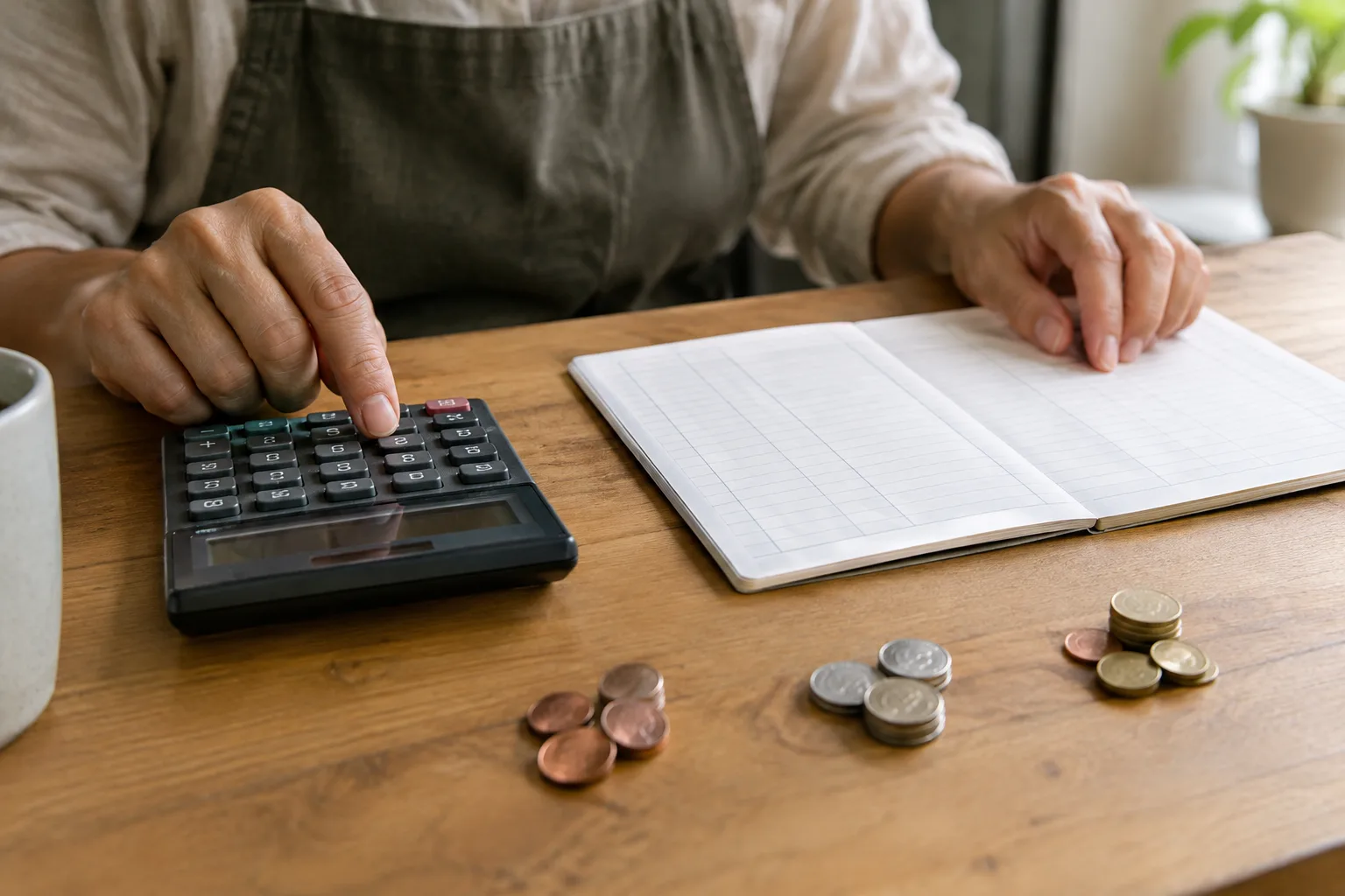 Des pièces réparties près d’un calculateur et d’un carnet de comptes illustrent le calcul du revenu disponible.
