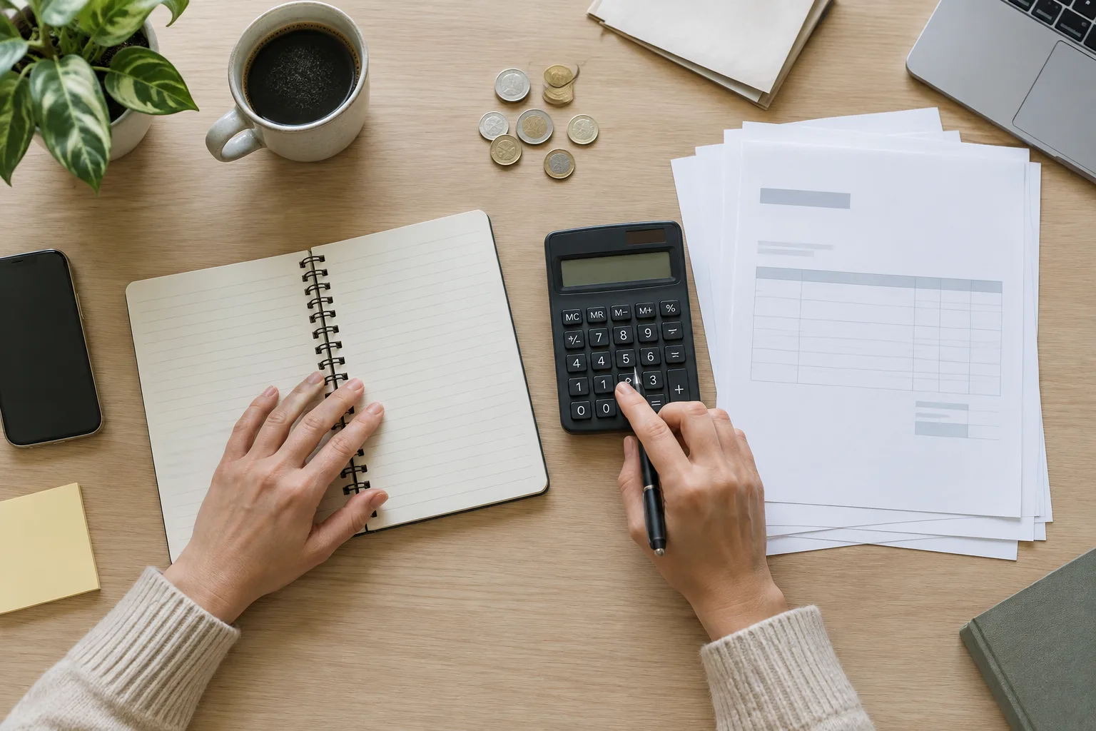 Un indépendant organise ses papiers de gestion et calcule ses dépenses sur un bureau.