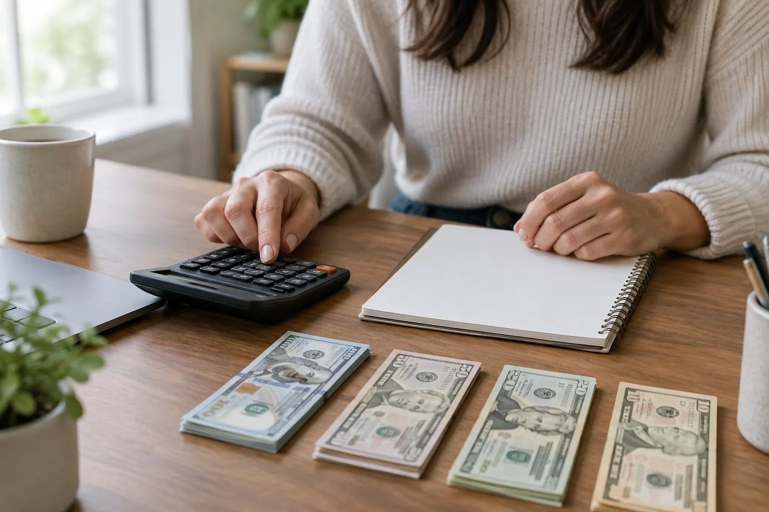 Des mains utilisent une calculatrice à côté de factures et d’un carnet de suivi.