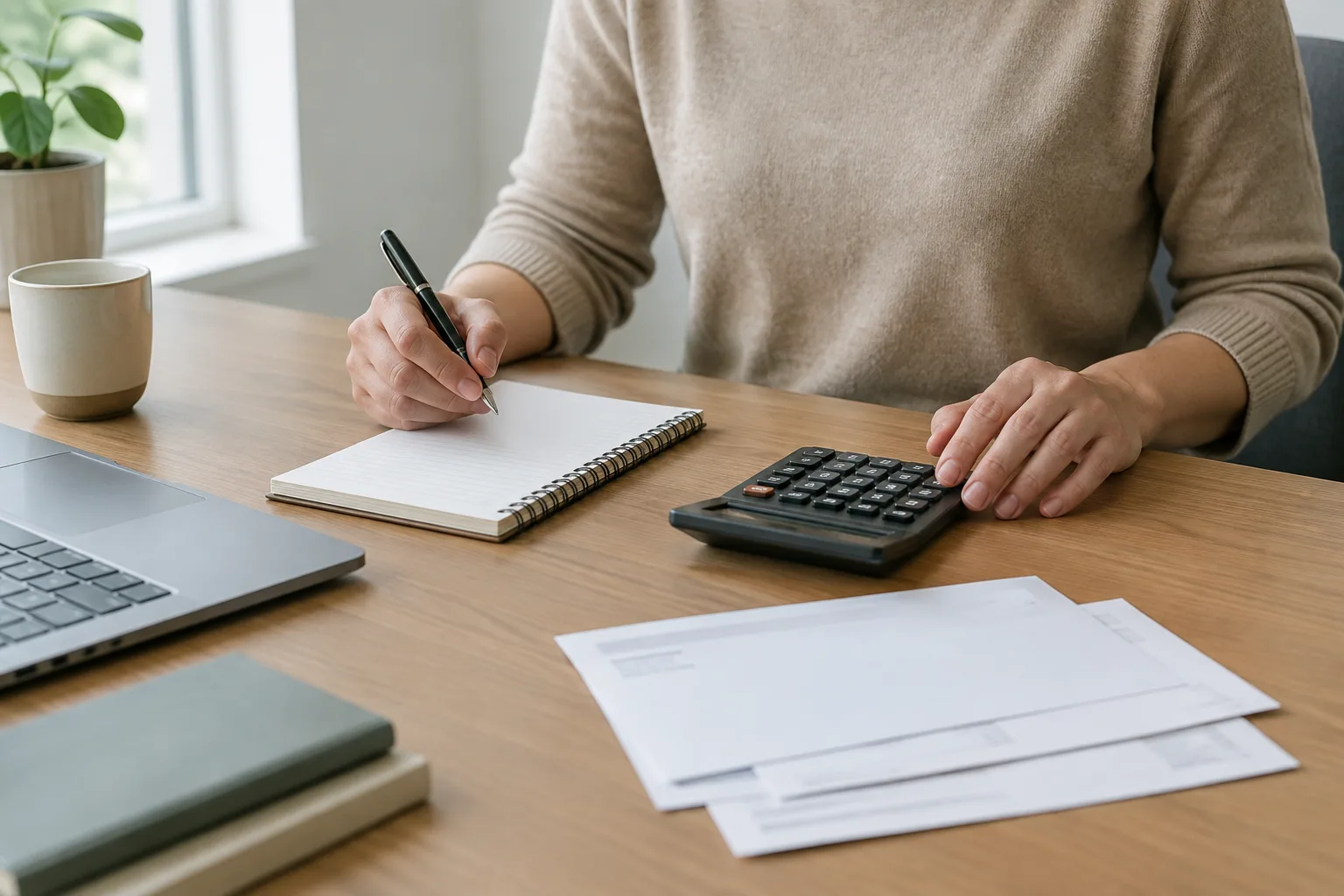 Un indépendant organise ses dépenses professionnelles avec un carnet et une calculatrice.
