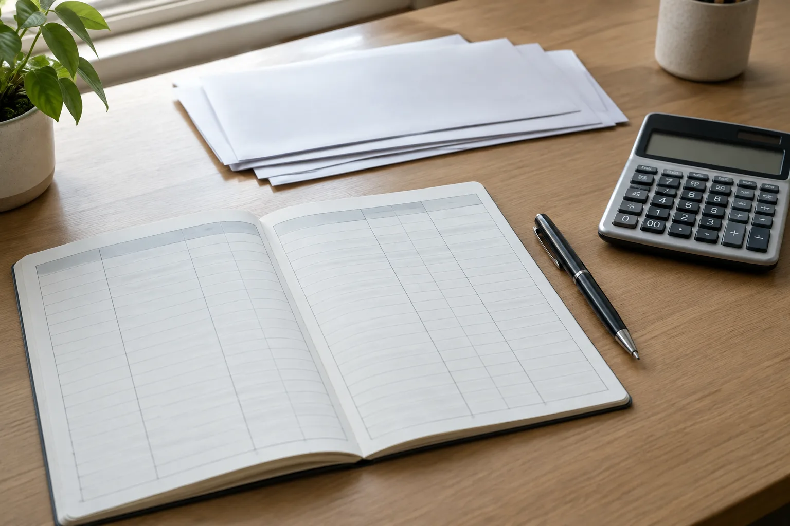 Un carnet ouvert, une calculatrice et des factures disposées pour préparer un budget mensuel.