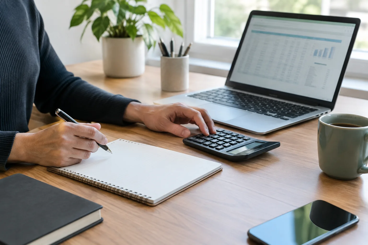 Des mains consultent un carnet de suivi financier et une calculatrice sur un bureau.