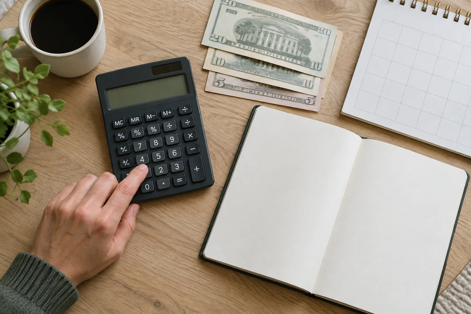 Une main utilise une calculatrice près d’un carnet ouvert pour estimer les dépenses à venir.