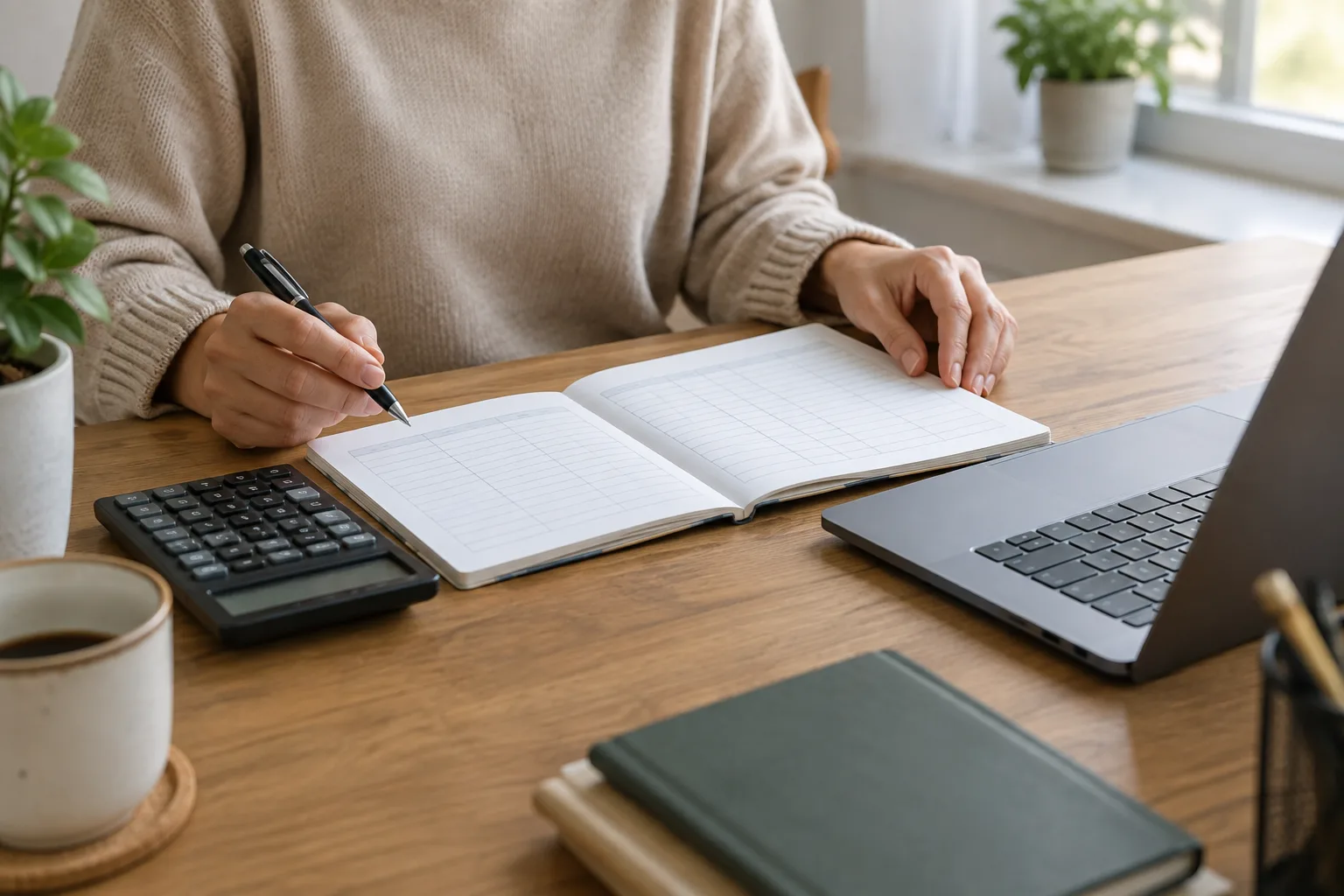 Un indépendant organise ses dépenses professionnelles à son bureau avec un carnet et une calculatrice.