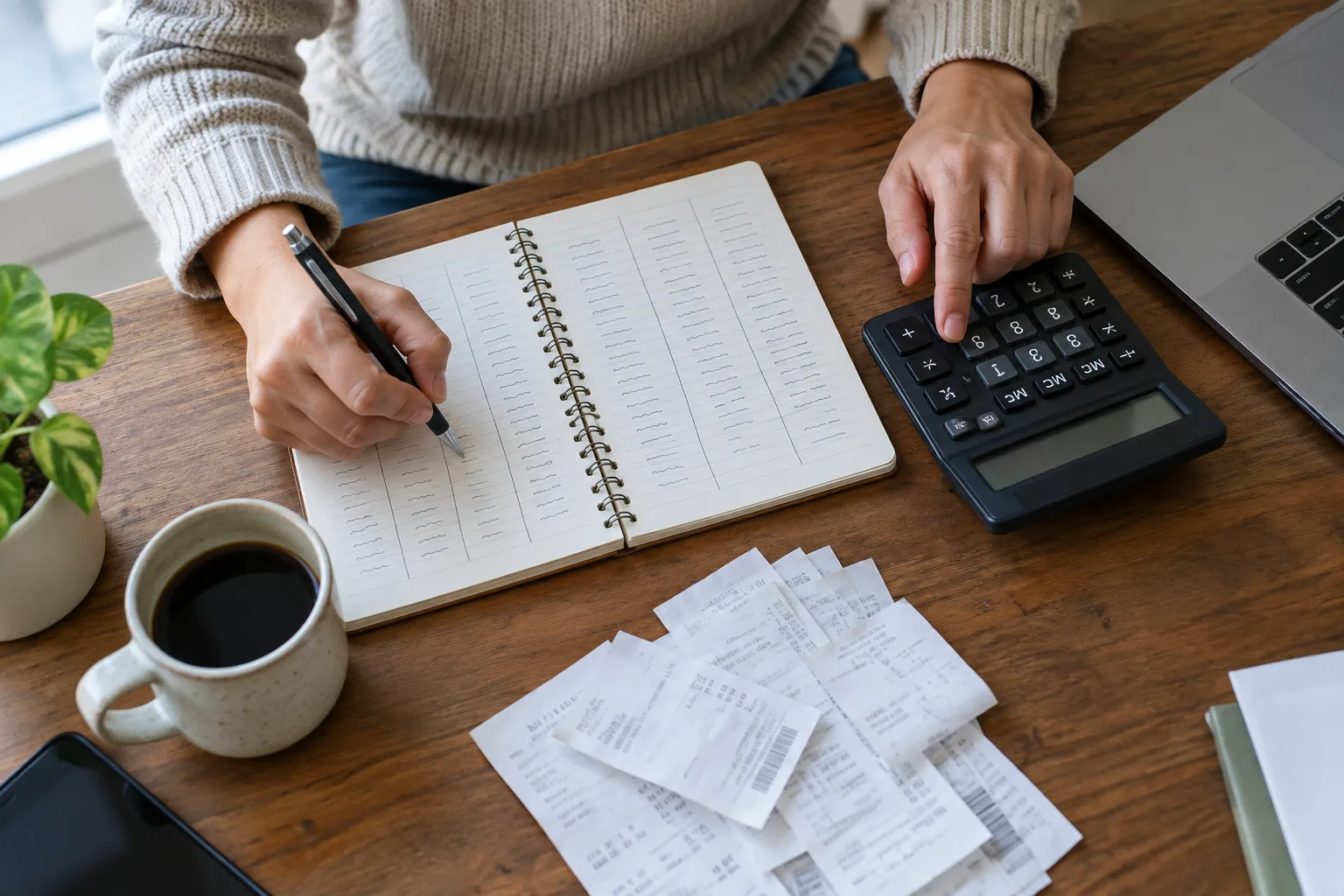 Une calculatrice et des justificatifs posés près d’un carnet de dépenses.